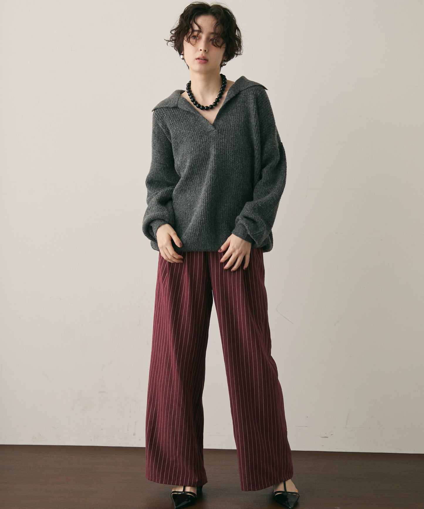 ピーチスキンストライプウエストギャザーイージーパンツ