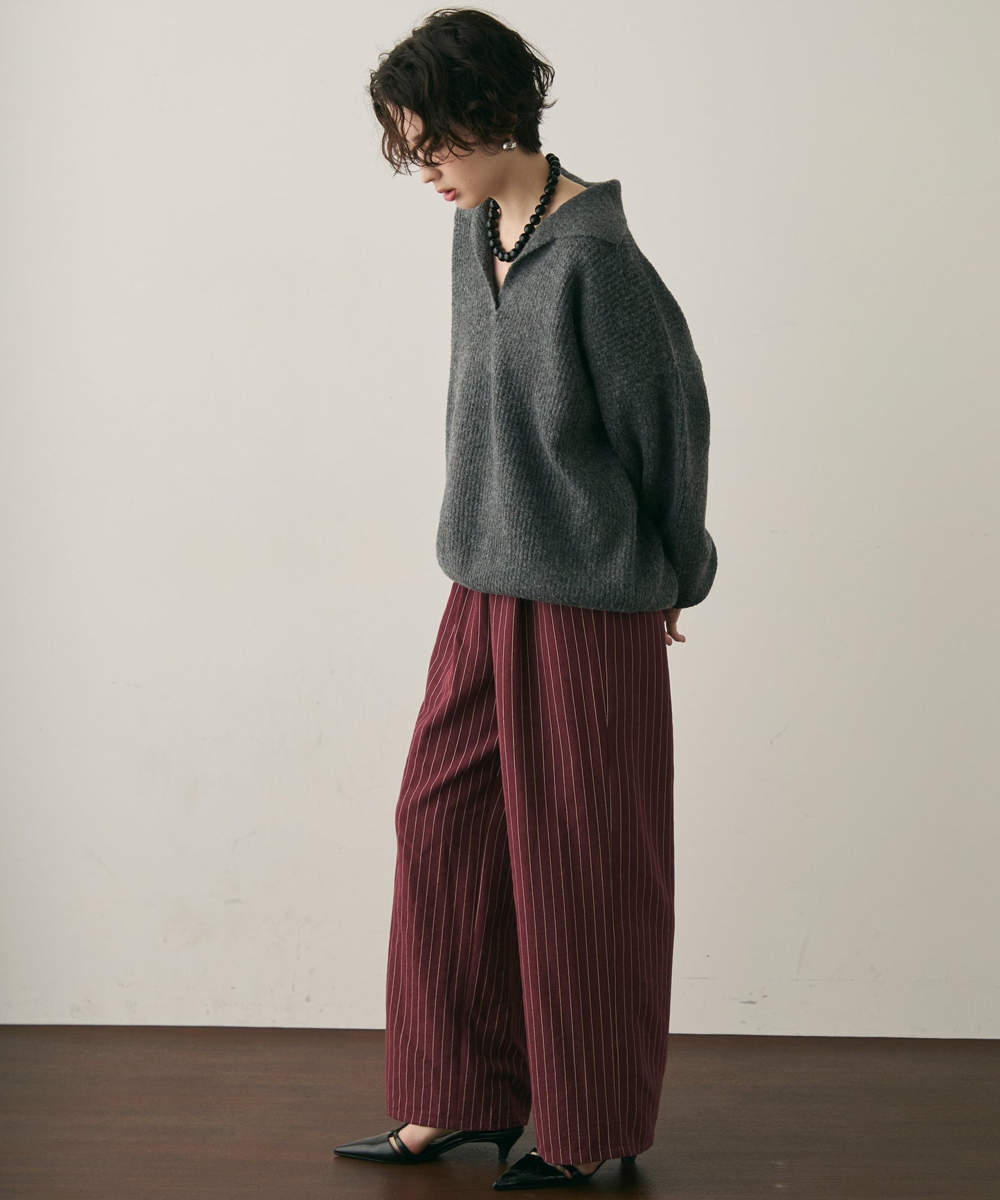 ピーチスキンストライプウエストギャザーイージーパンツ