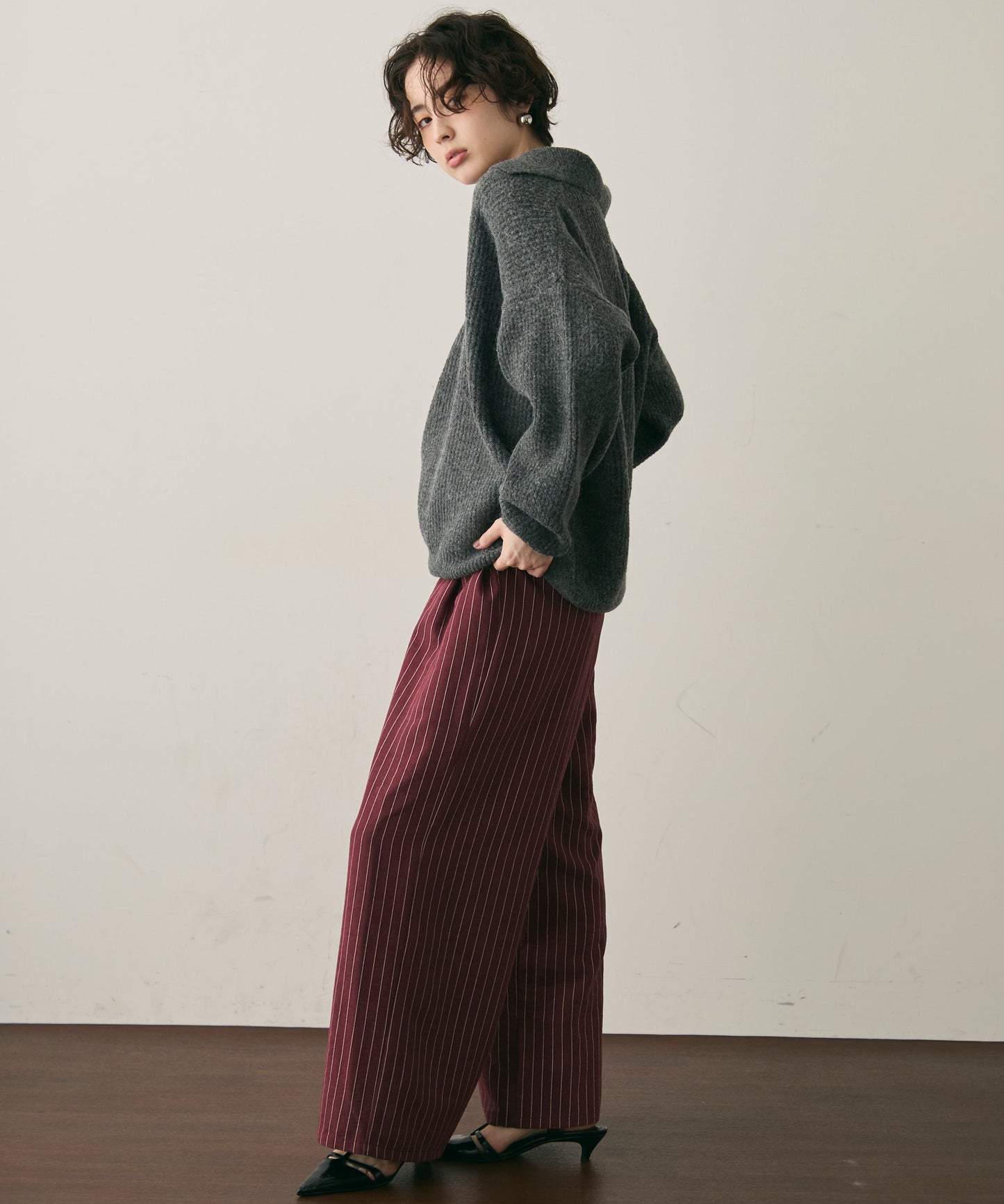 ピーチスキンストライプウエストギャザーイージーパンツ