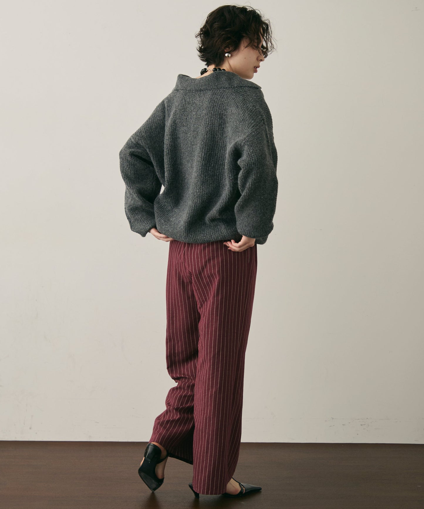 ピーチスキンストライプウエストギャザーイージーパンツ