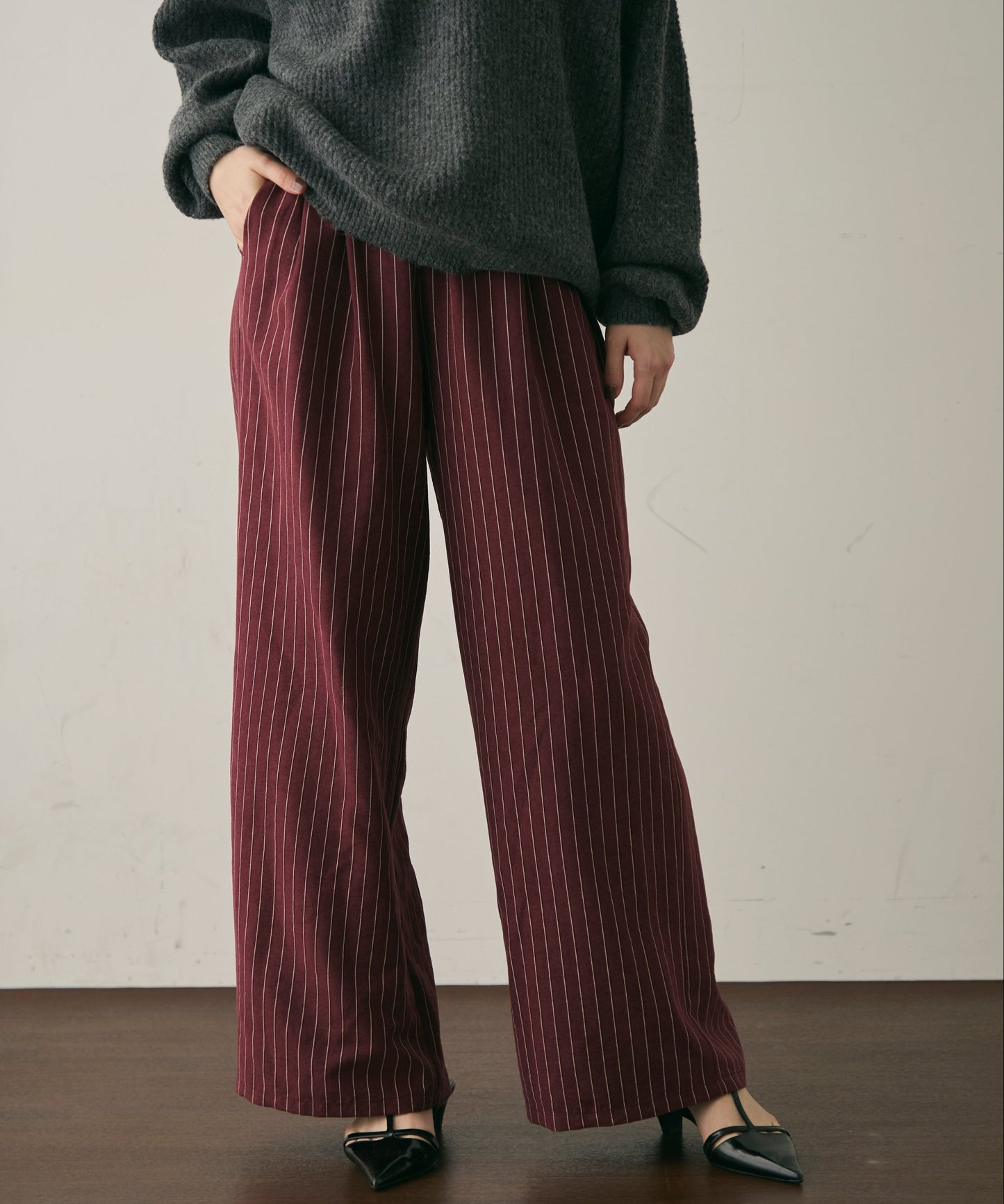 ピーチスキンストライプウエストギャザーイージーパンツ