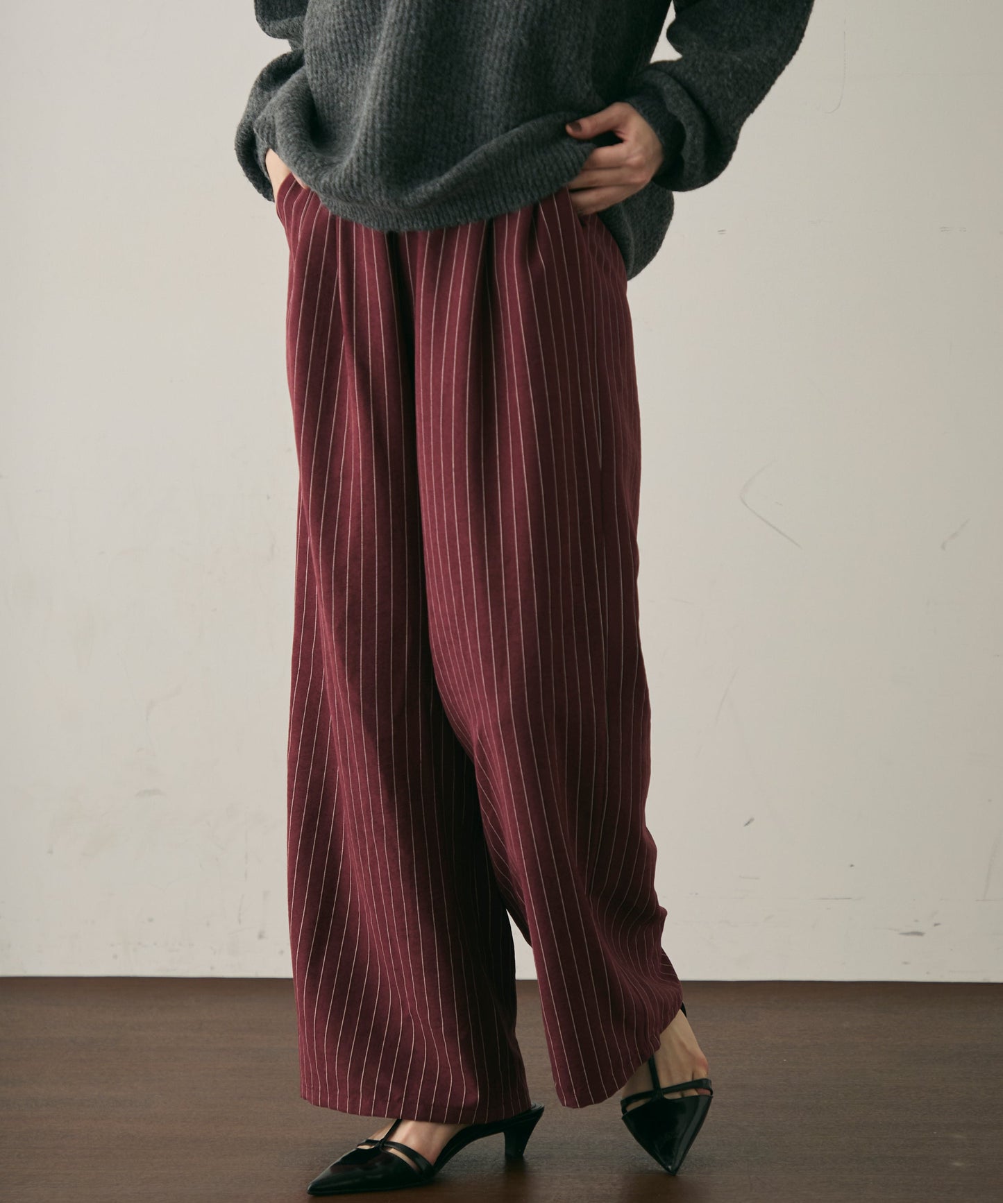 ピーチスキンストライプウエストギャザーイージーパンツ