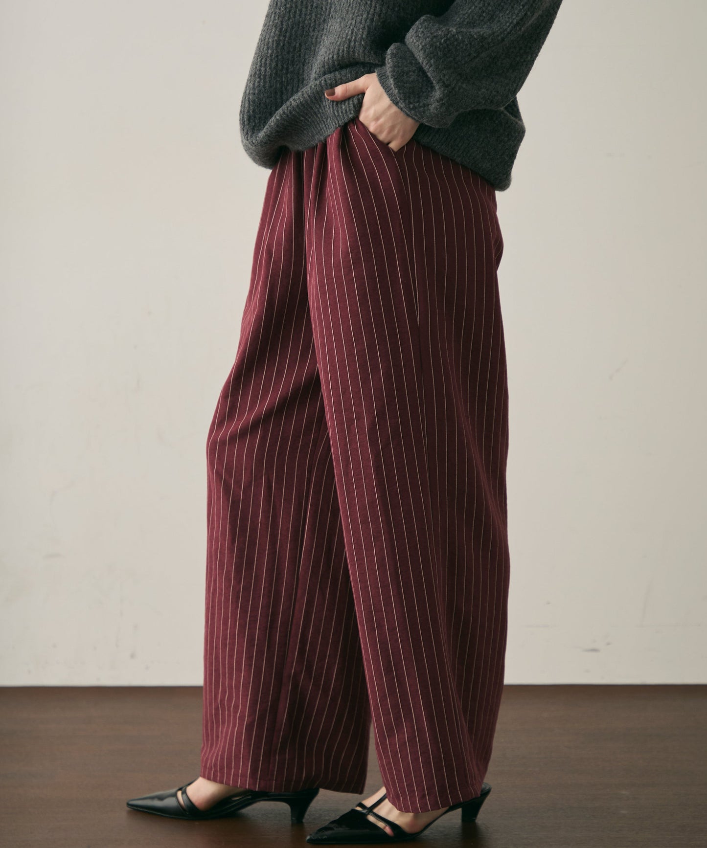 ピーチスキンストライプウエストギャザーイージーパンツ