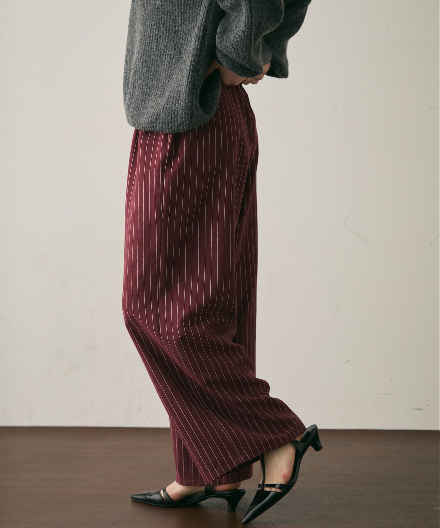 ピーチスキンストライプウエストギャザーイージーパンツ