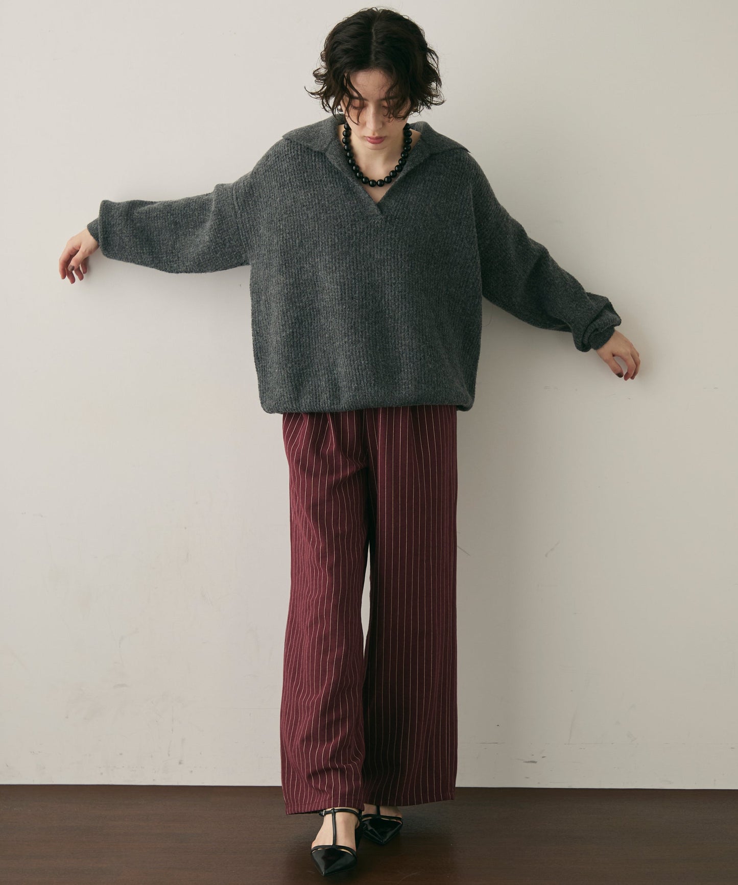 ピーチスキンストライプウエストギャザーイージーパンツ