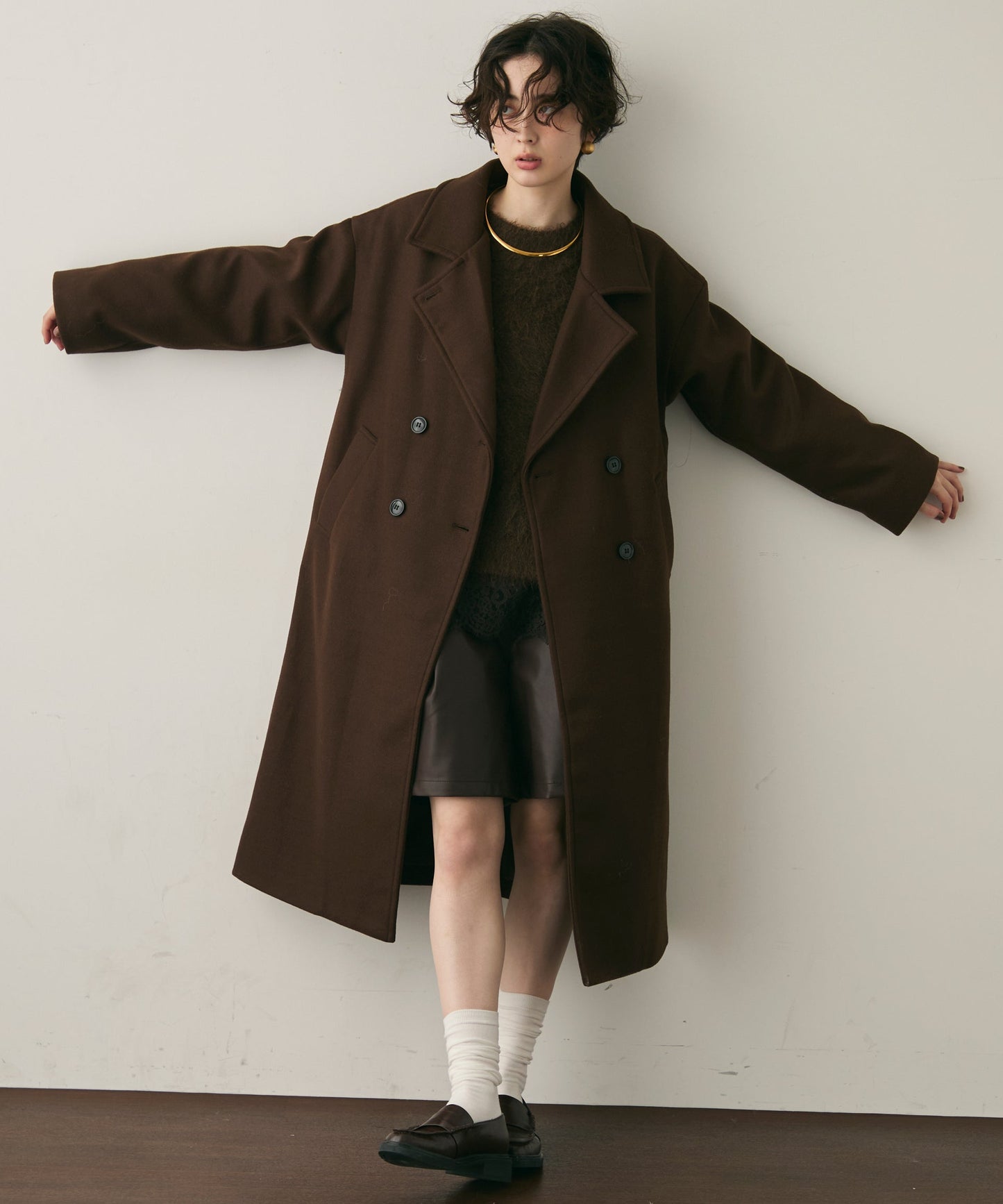 フェイクウールダブルロングコート