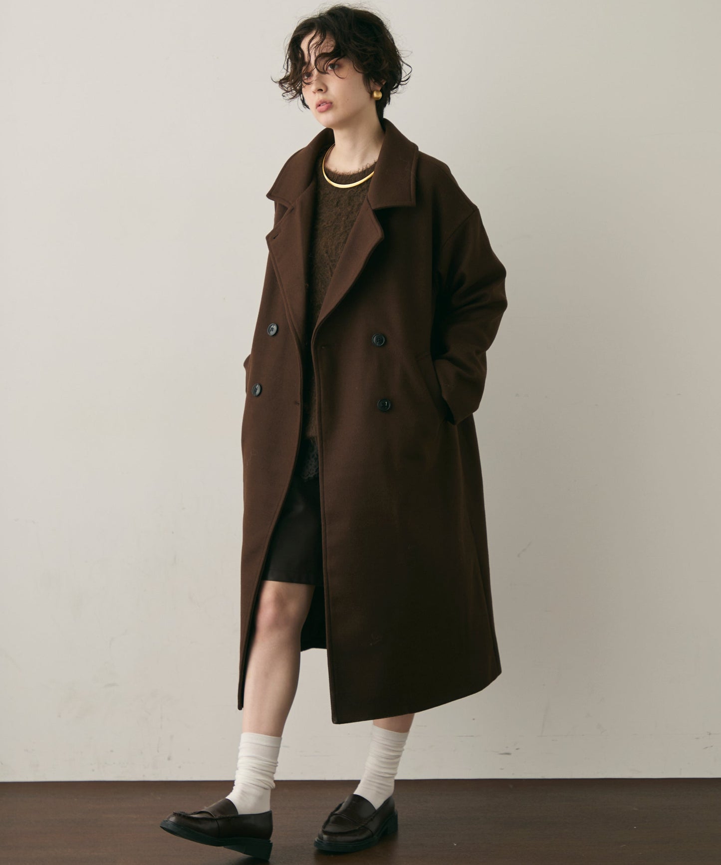 フェイクウールダブルロングコート