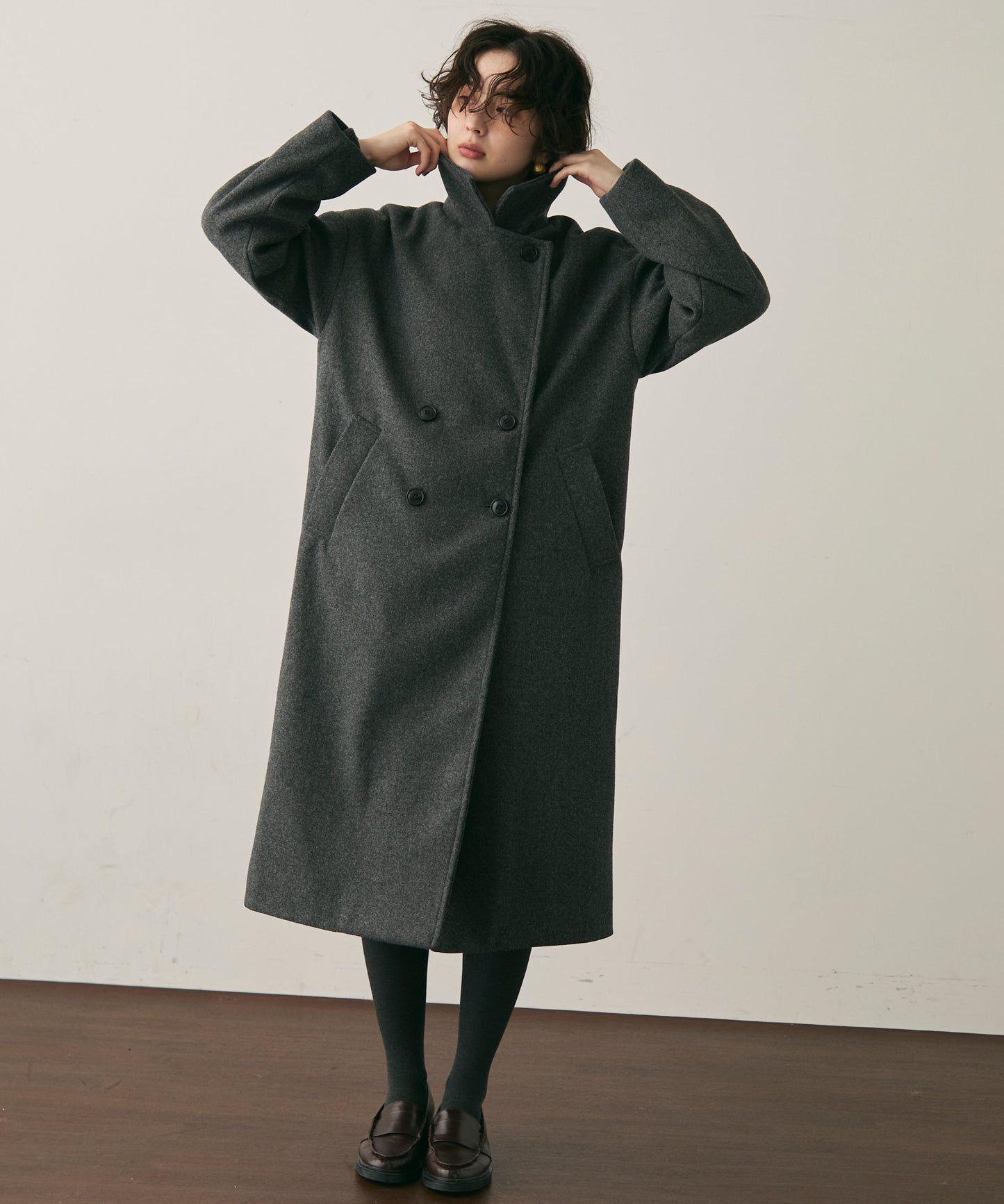 フェイクウールダブルロングコート