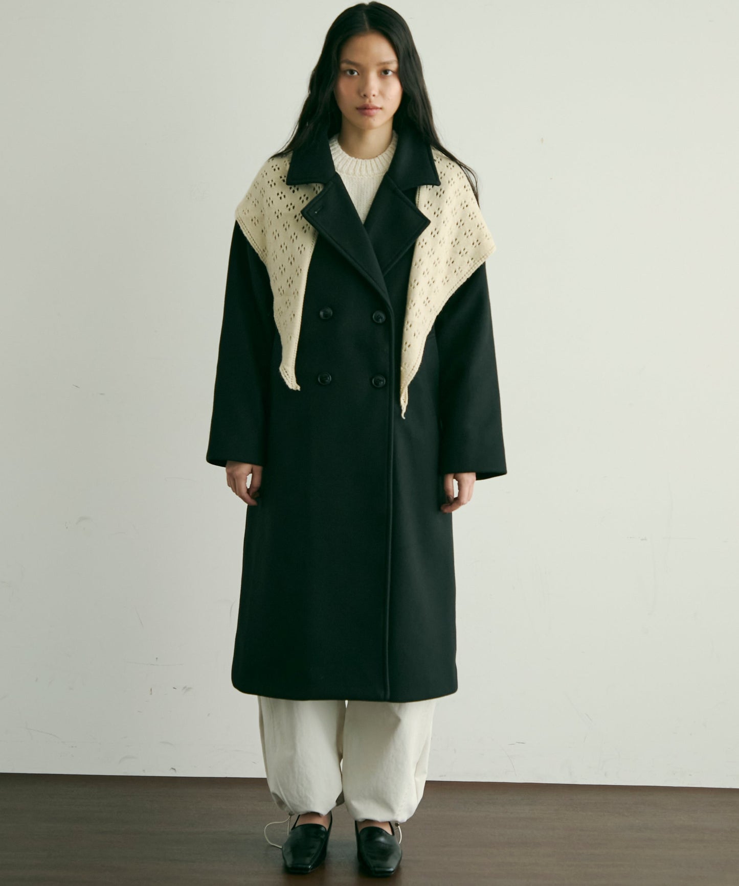 フェイクウールダブルロングコート