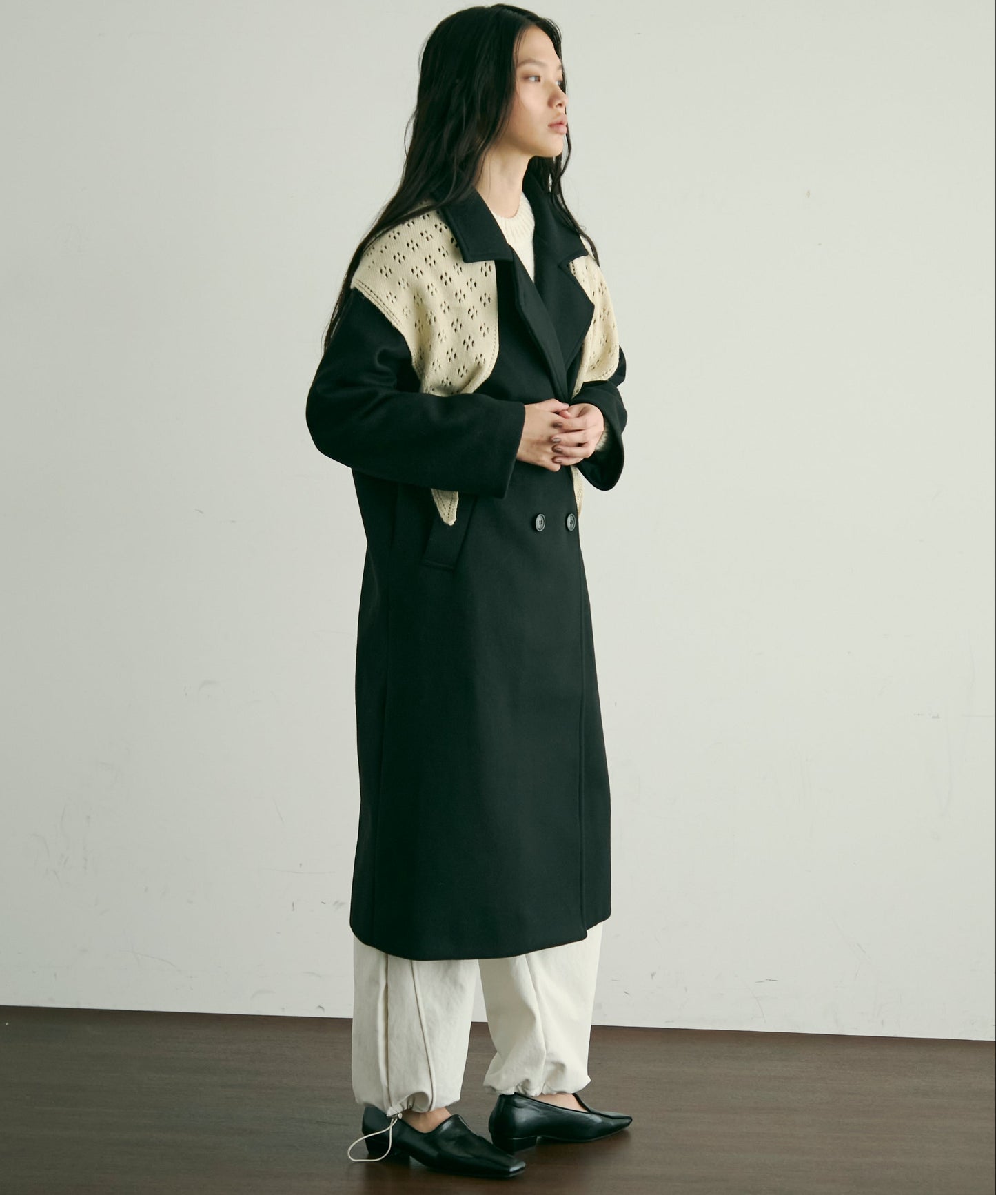 フェイクウールダブルロングコート