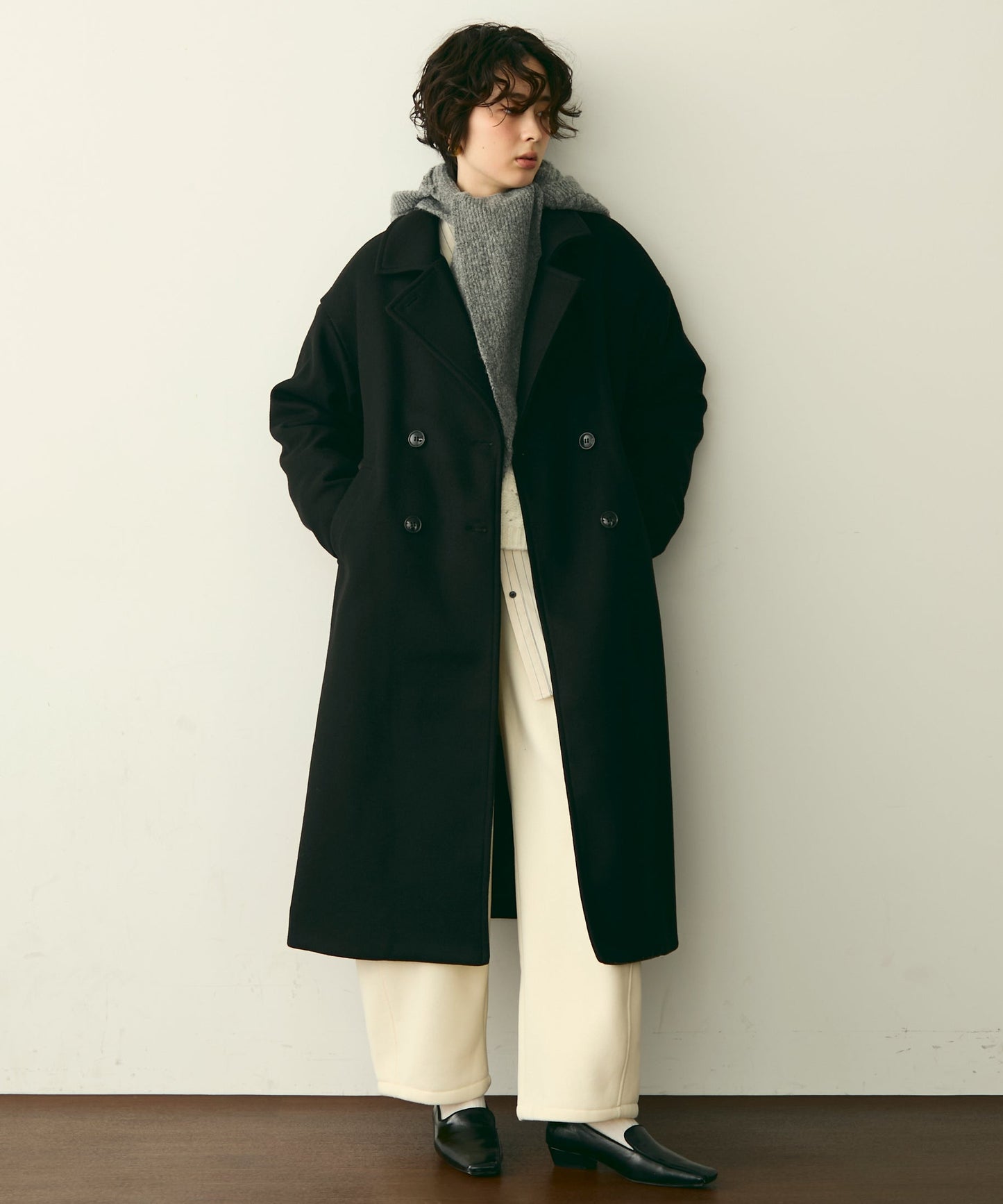 フェイクウールダブルロングコート
