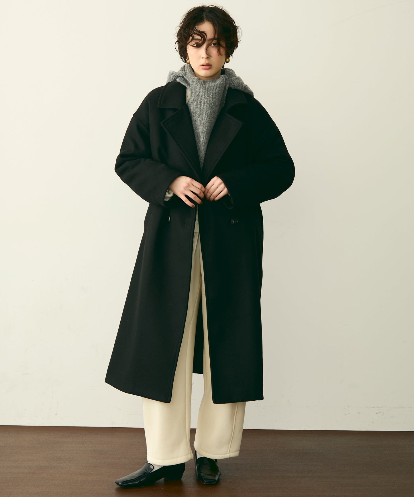 フェイクウールダブルロングコート