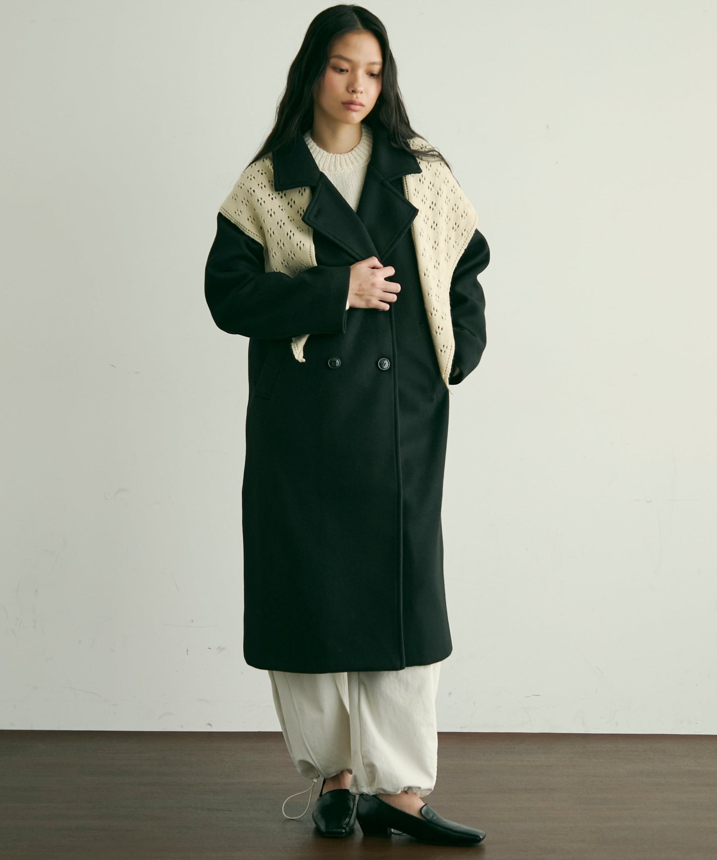 フェイクウールダブルロングコート