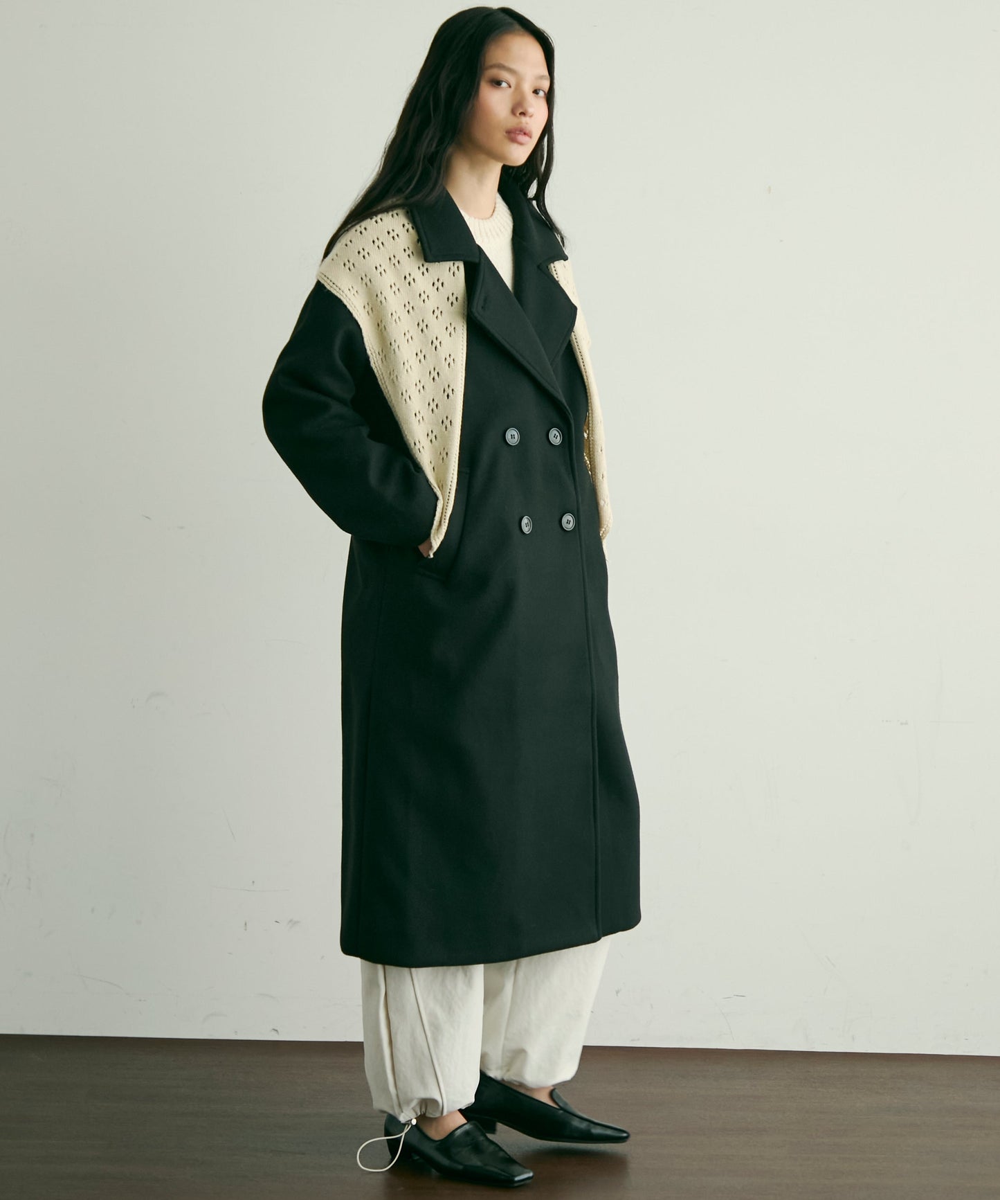 フェイクウールダブルロングコート