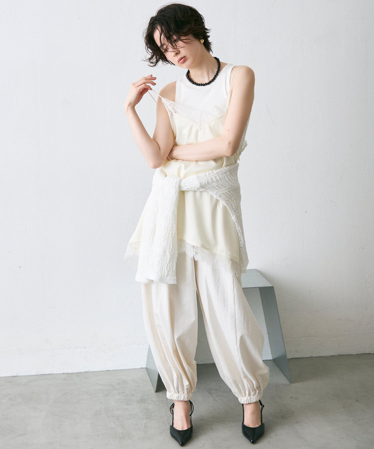 サテンレースイレギュラーヘムキャミチュニック