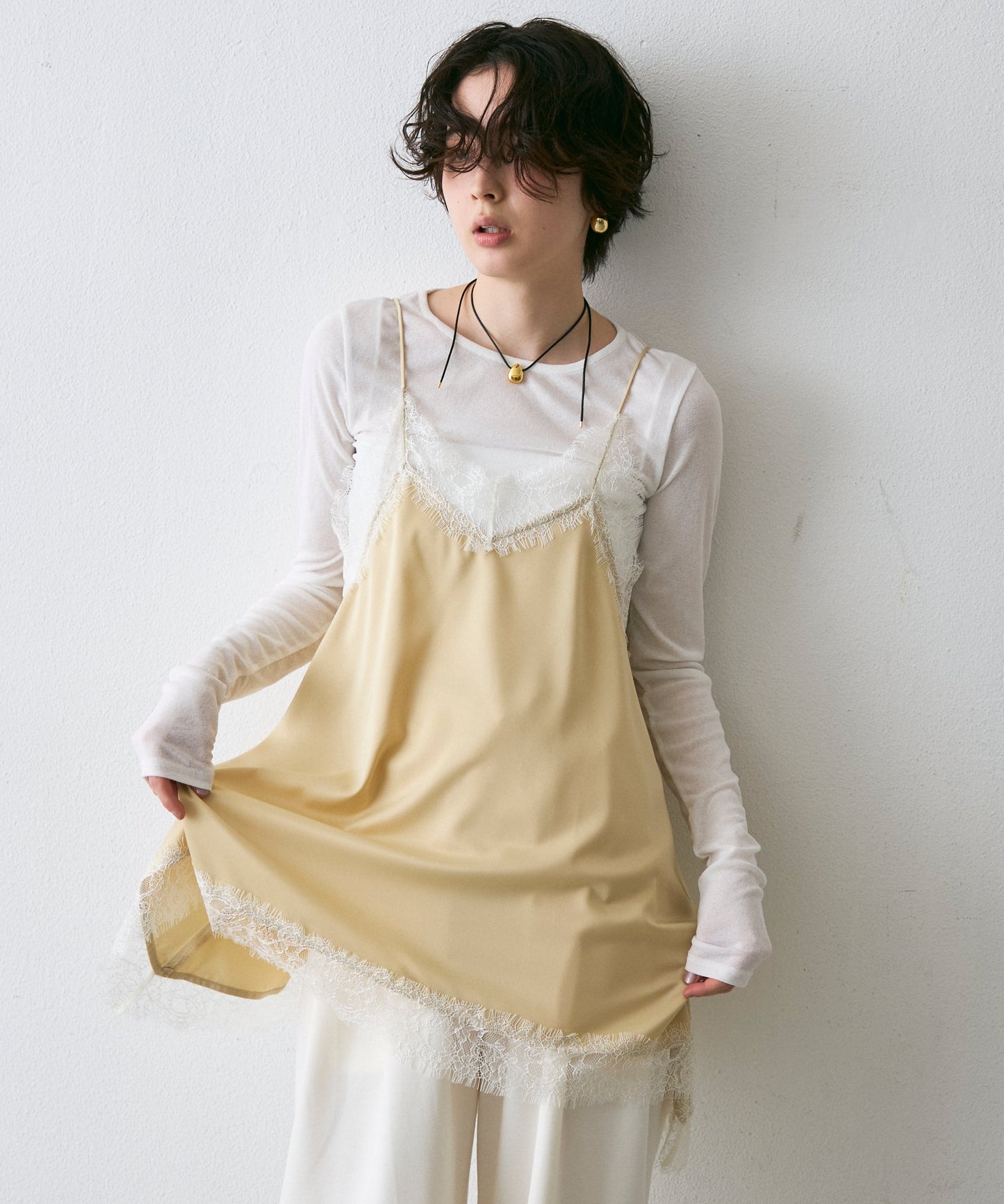 サテンレースイレギュラーヘムキャミチュニック