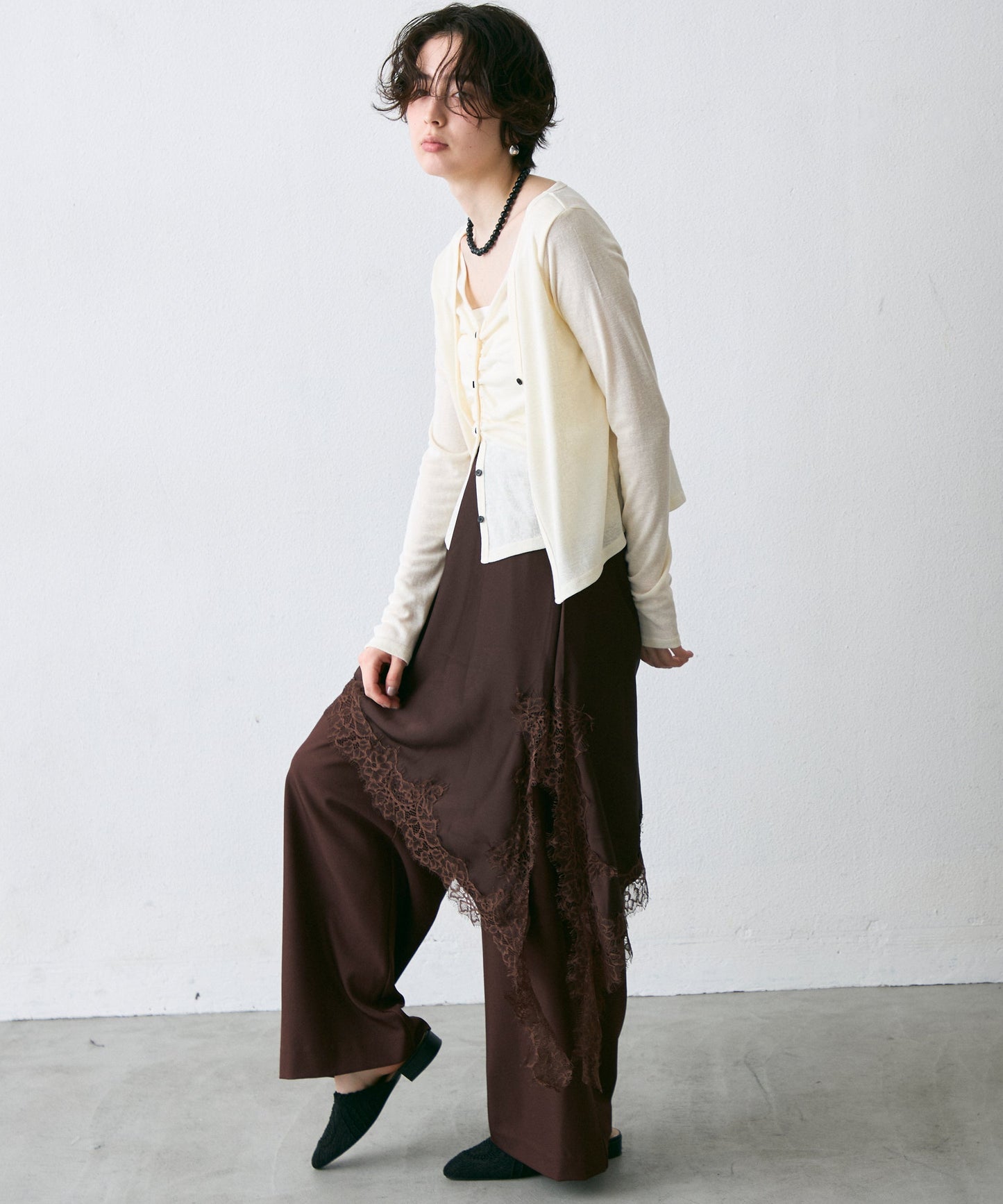 Vネックレイヤード風スラブカーディガン