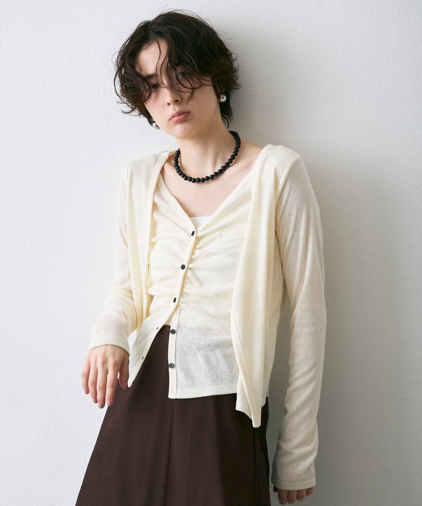 Vネックレイヤード風スラブカーディガン