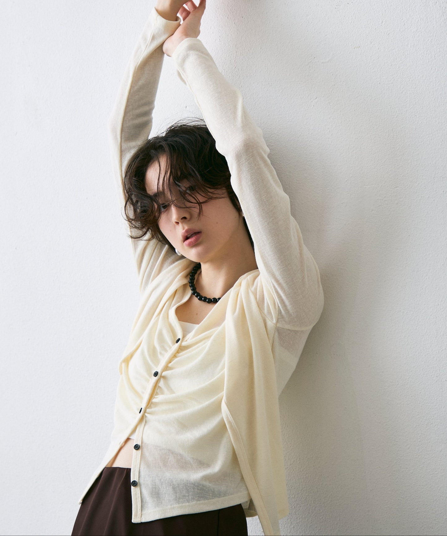 Vネックレイヤード風スラブカーディガン