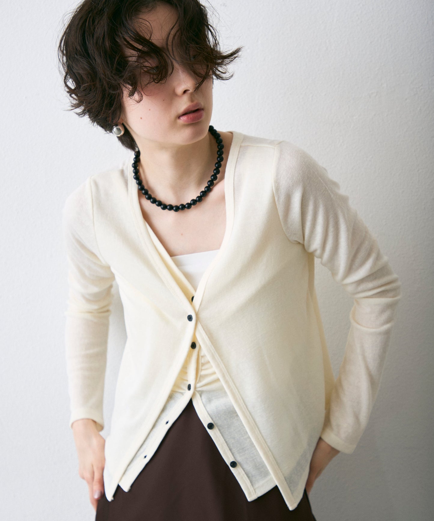 Vネックレイヤード風スラブカーディガン