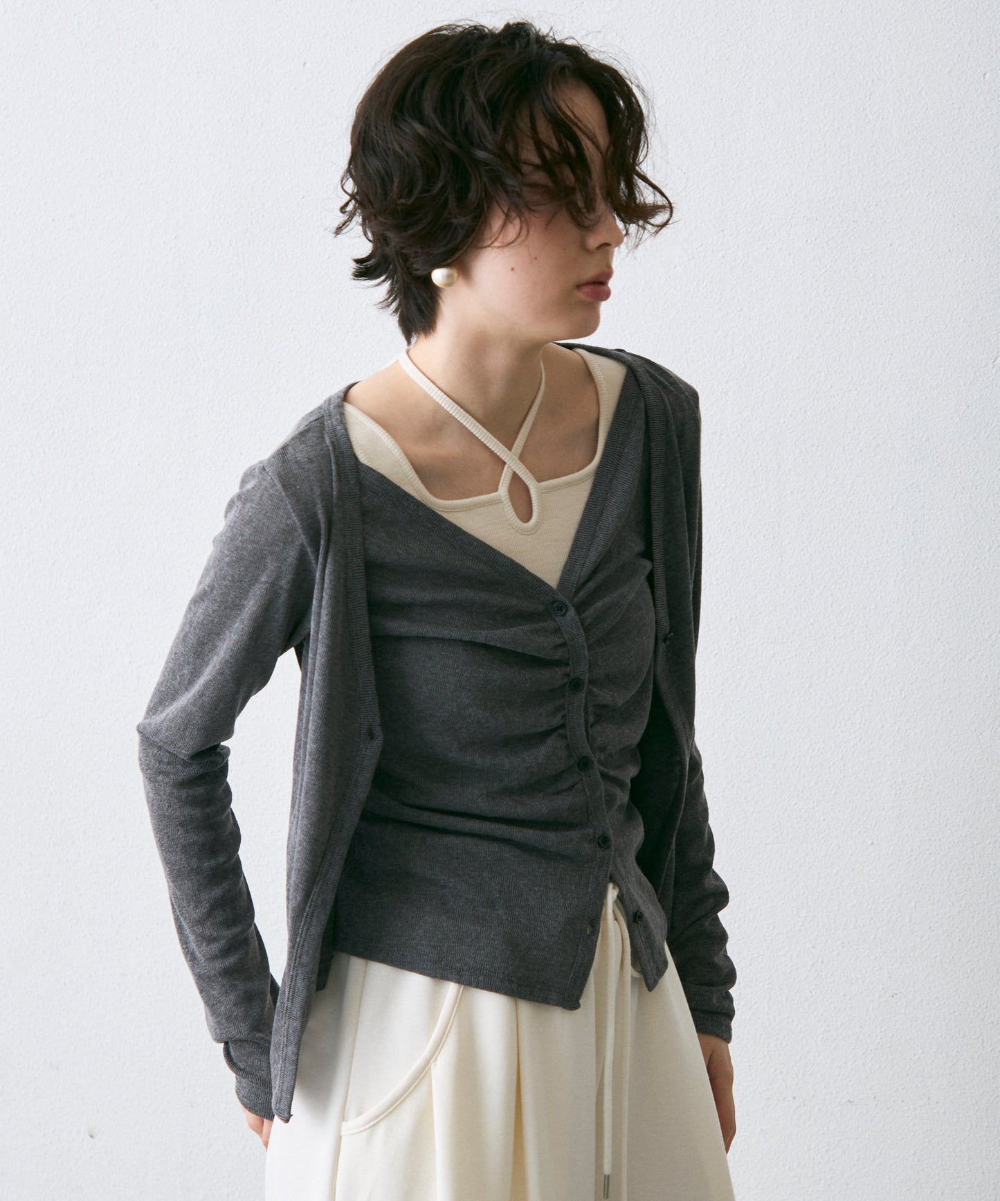 Vネックレイヤード風スラブカーディガン
