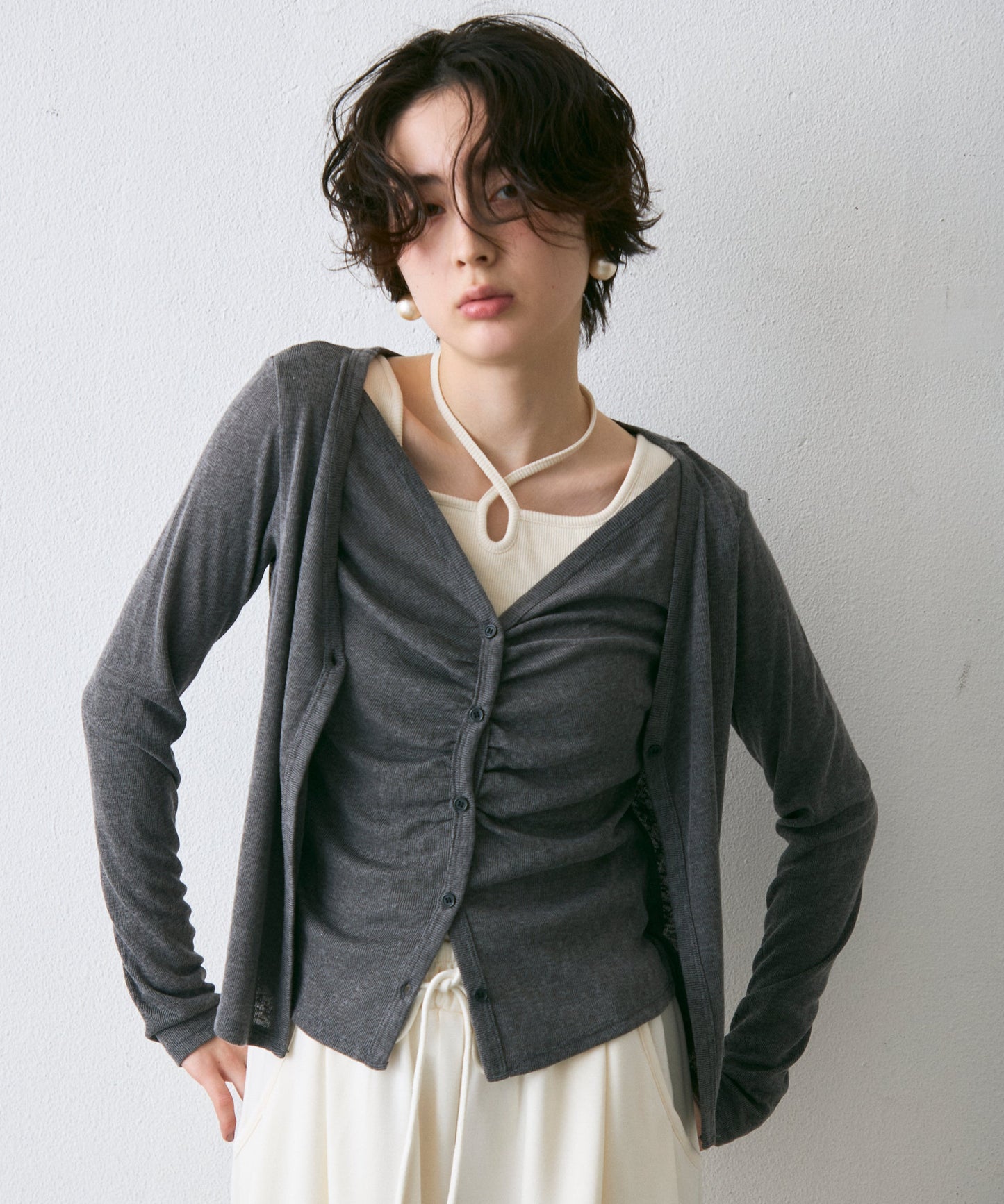 Vネックレイヤード風スラブカーディガン