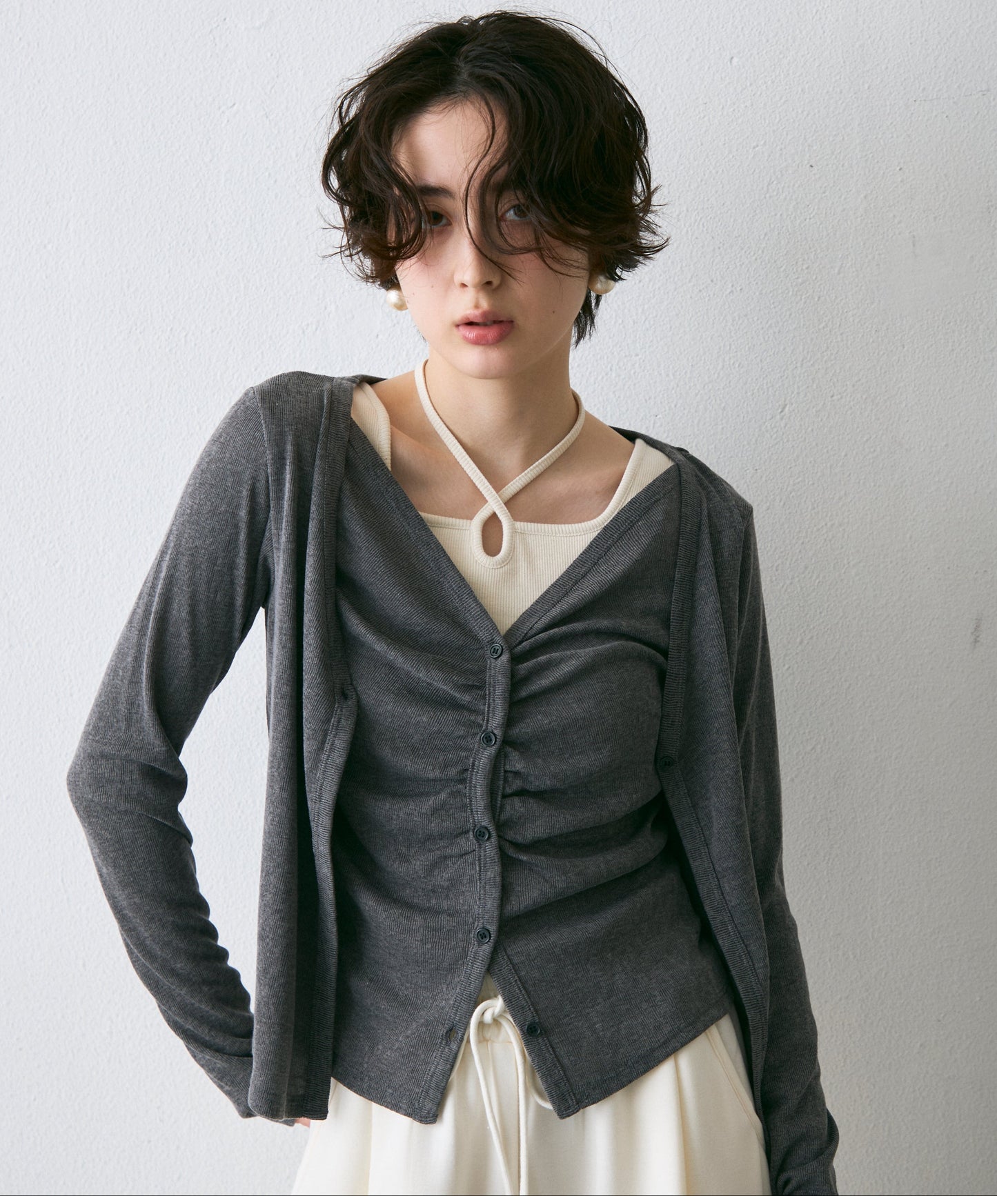 Vネックレイヤード風スラブカーディガン
