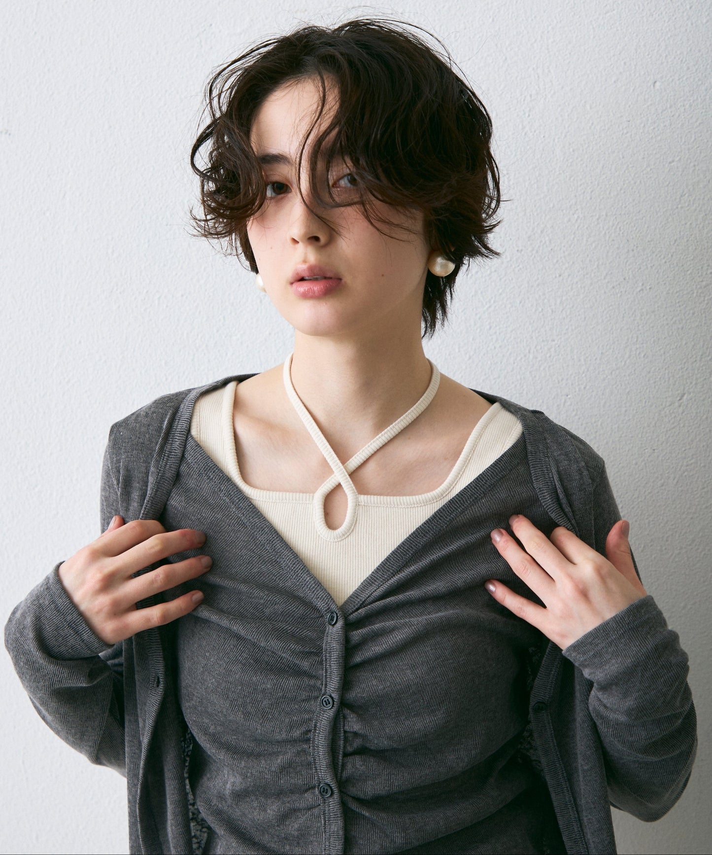 Vネックレイヤード風スラブカーディガン