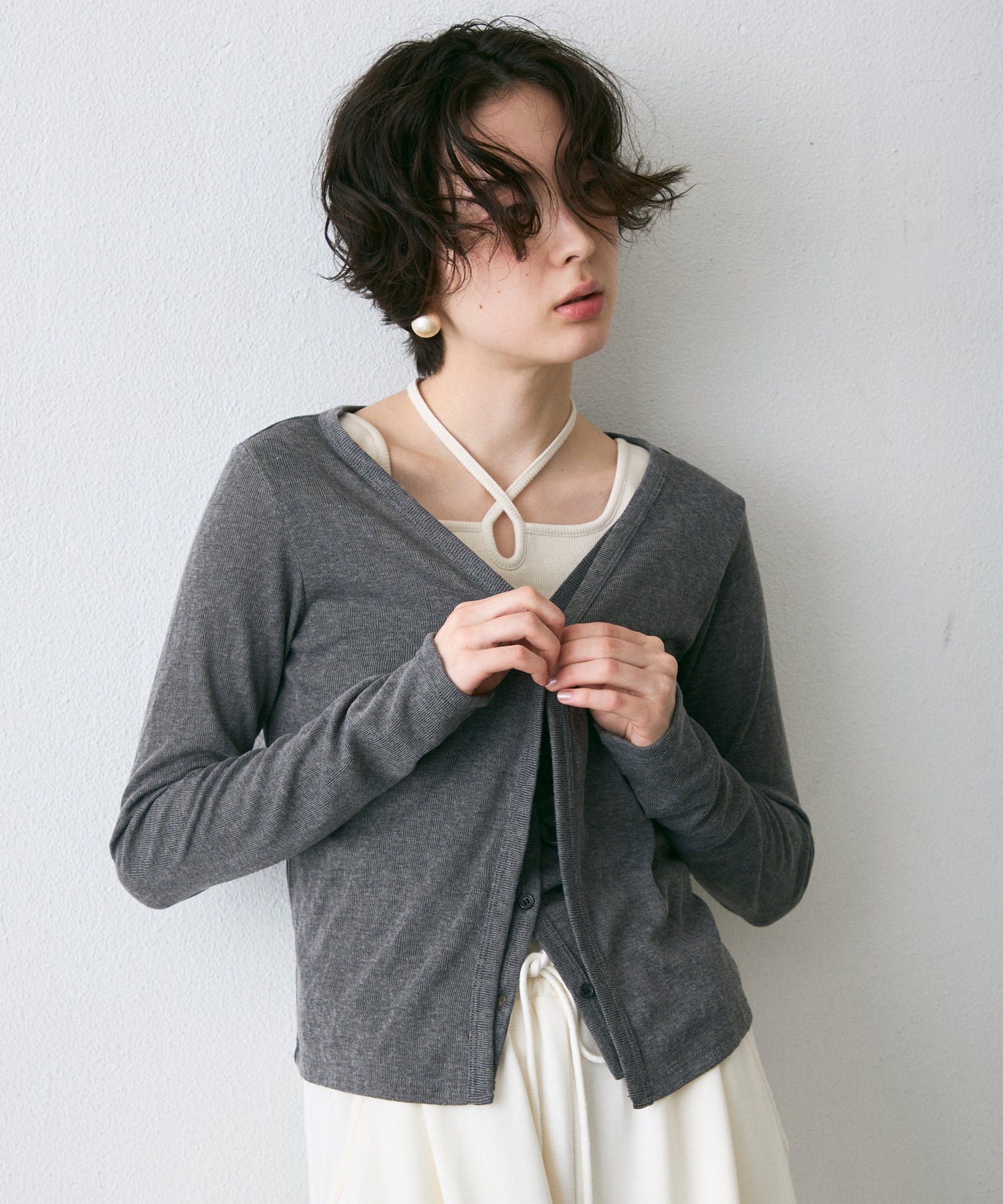 Vネックレイヤード風スラブカーディガン