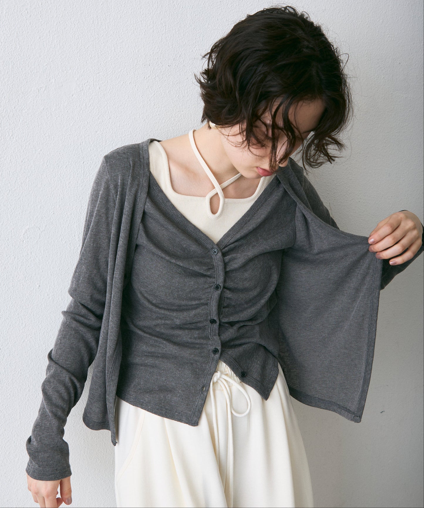 Vネックレイヤード風スラブカーディガン