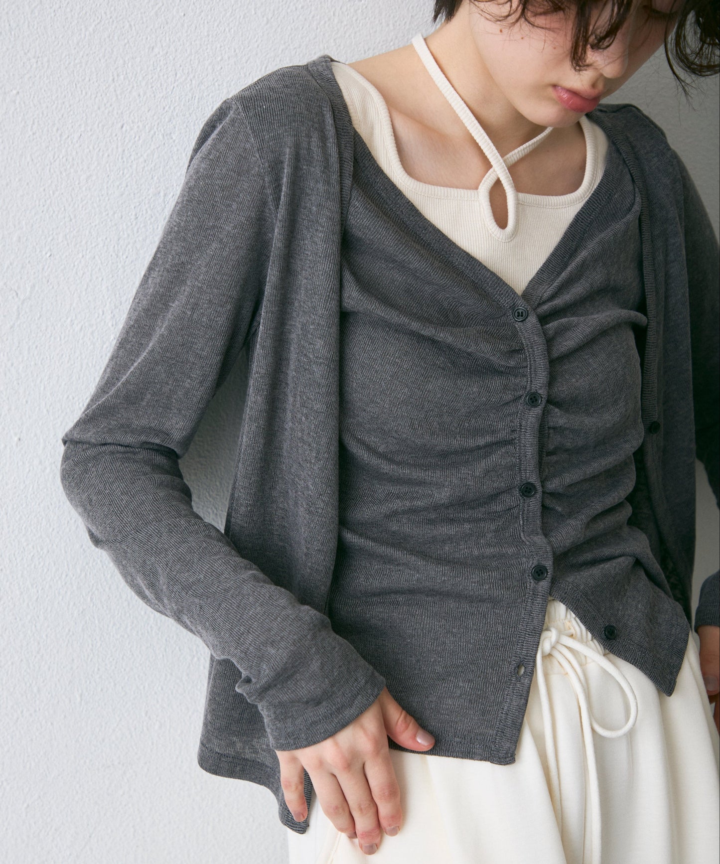 Vネックレイヤード風スラブカーディガン