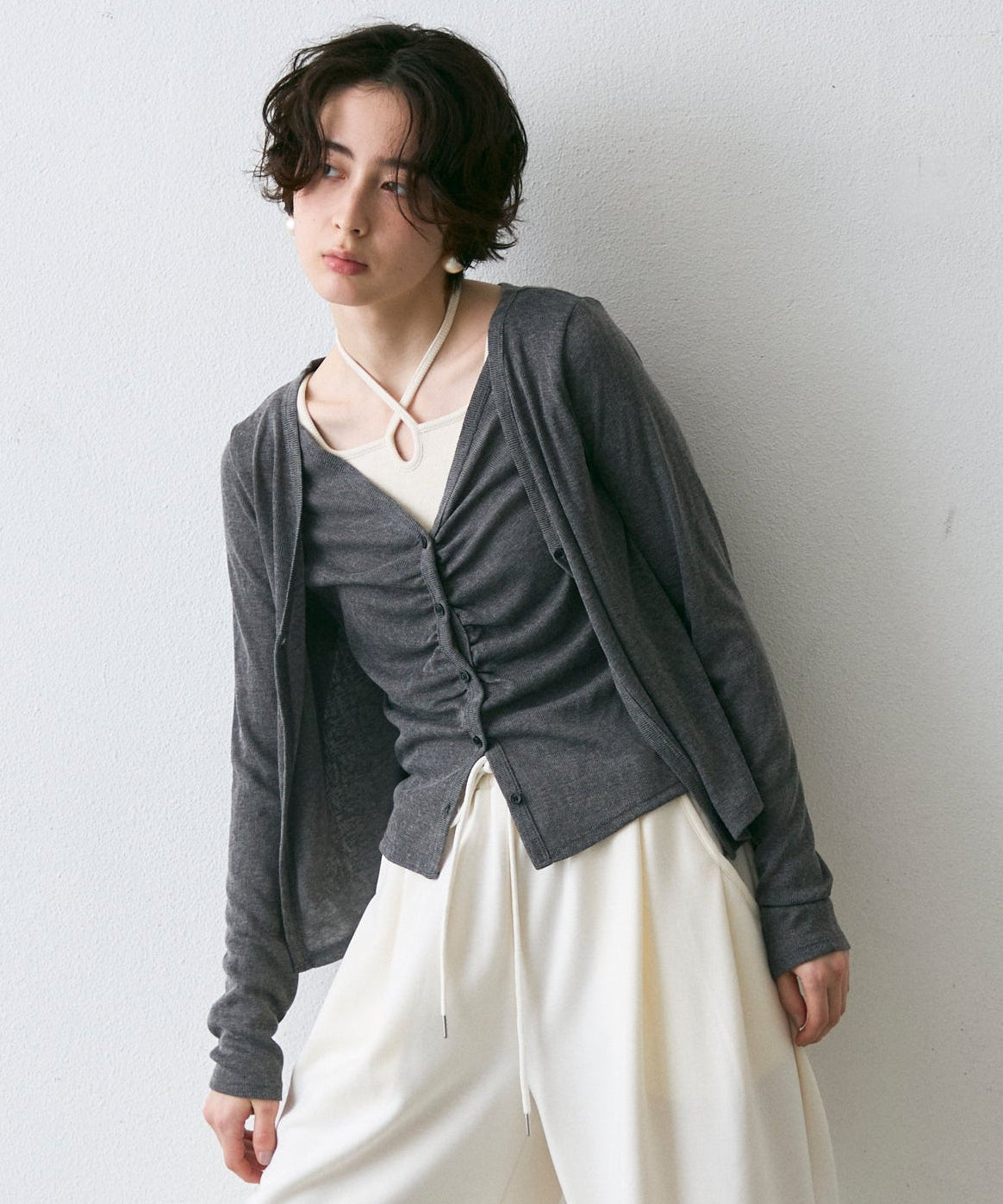Vネックレイヤード風スラブカーディガン