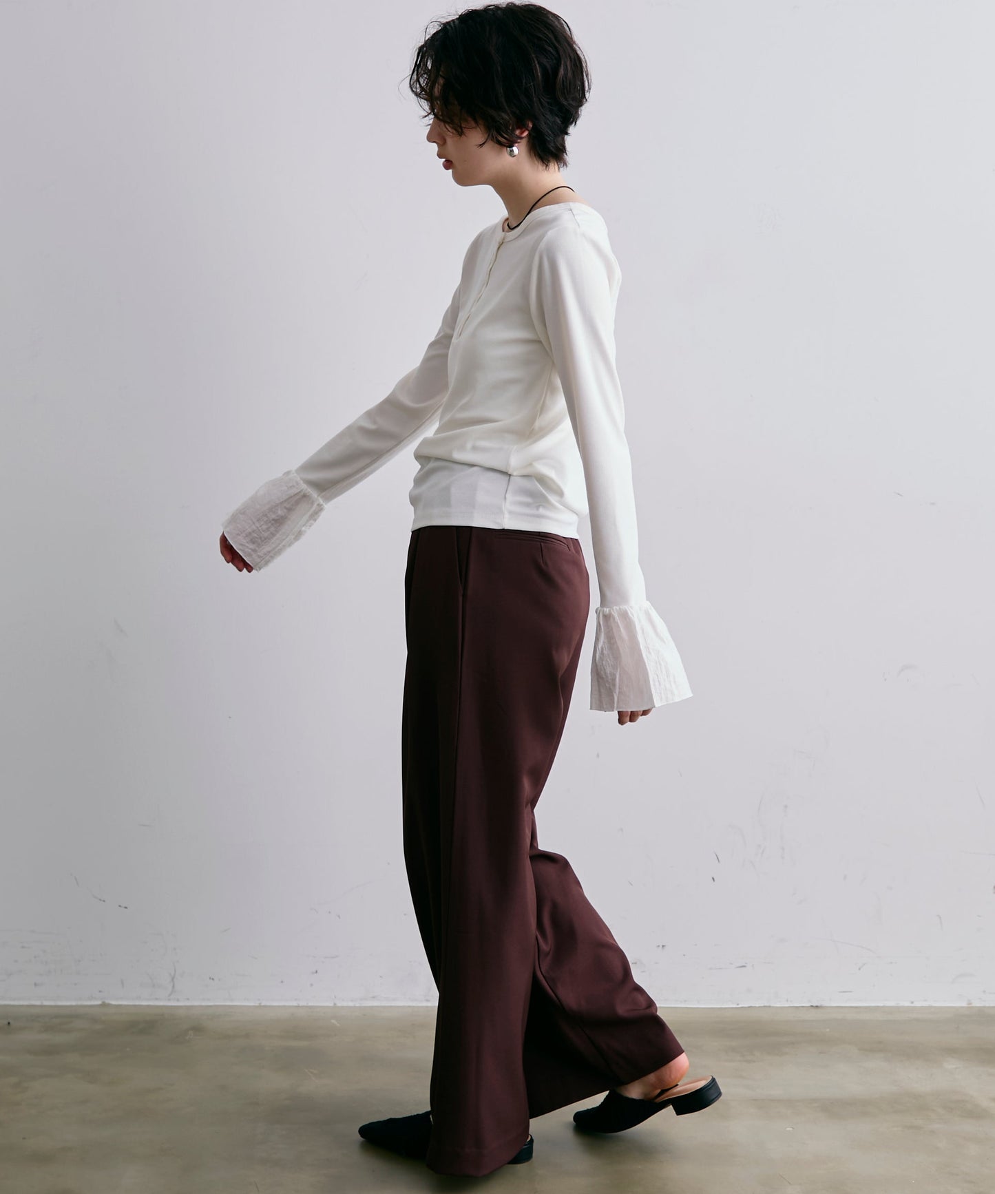 フライスリブ袖フリルヘンリーT