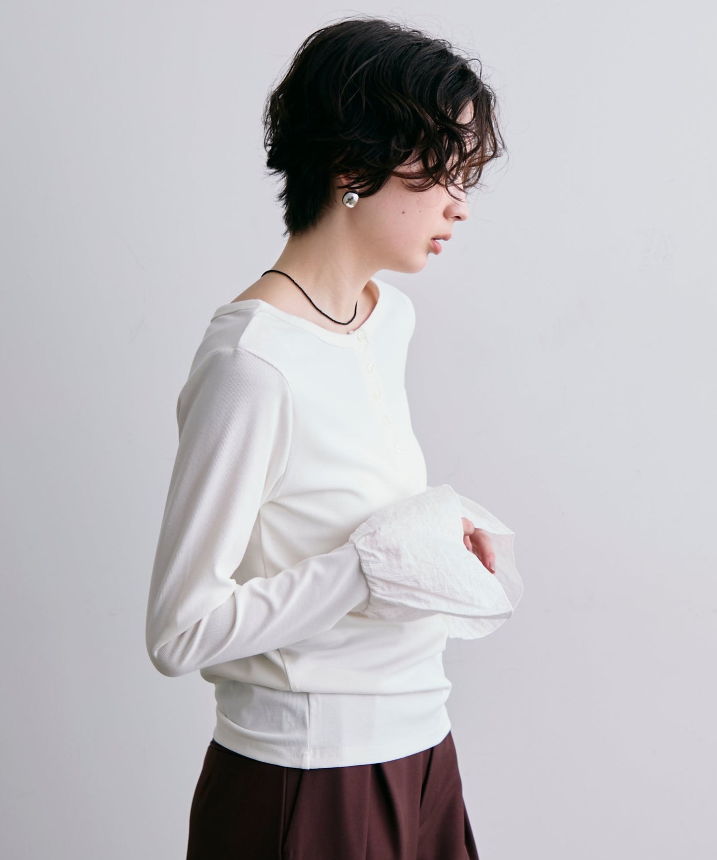 フライスリブ袖フリルヘンリーT