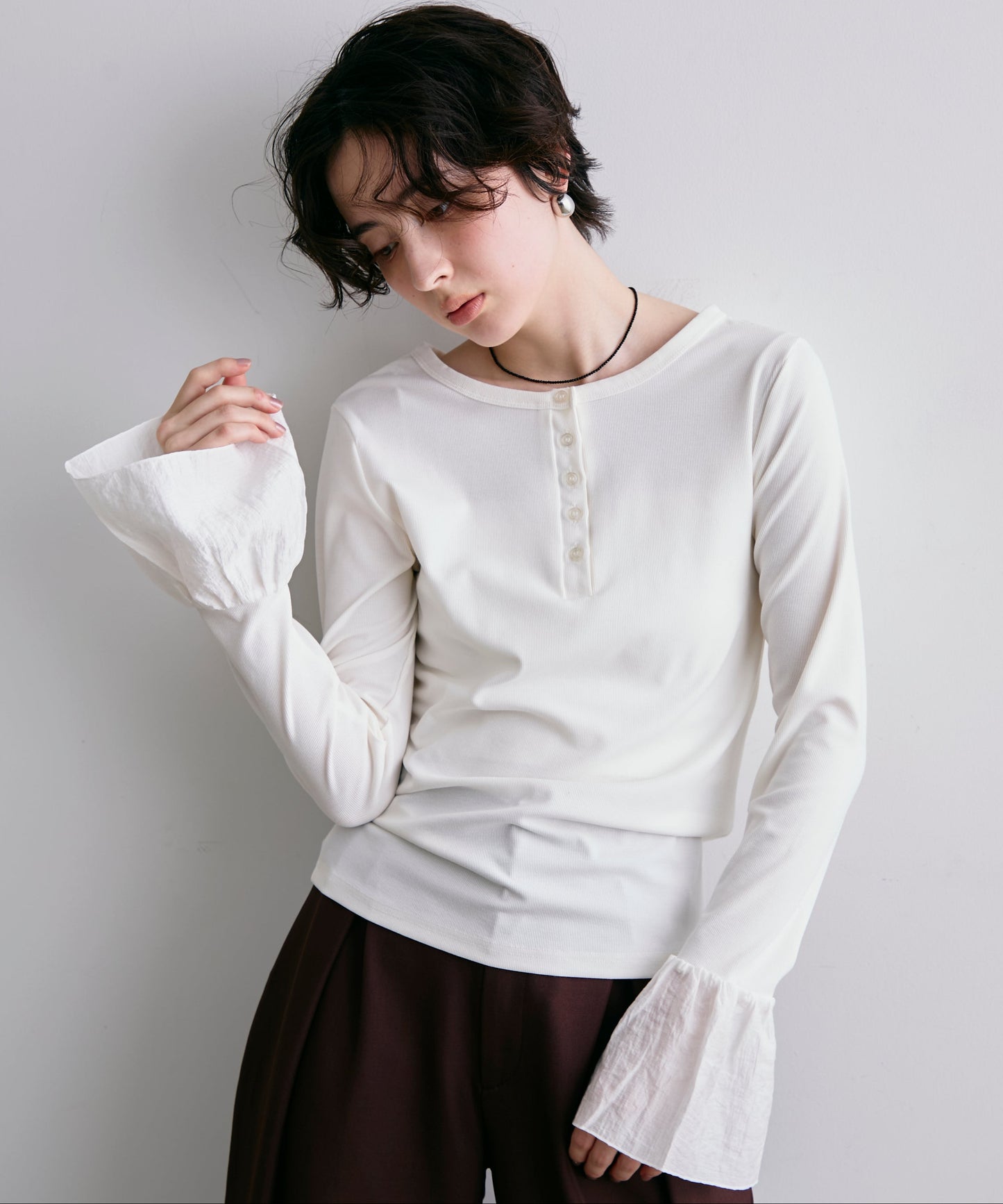 フライスリブ袖フリルヘンリーT