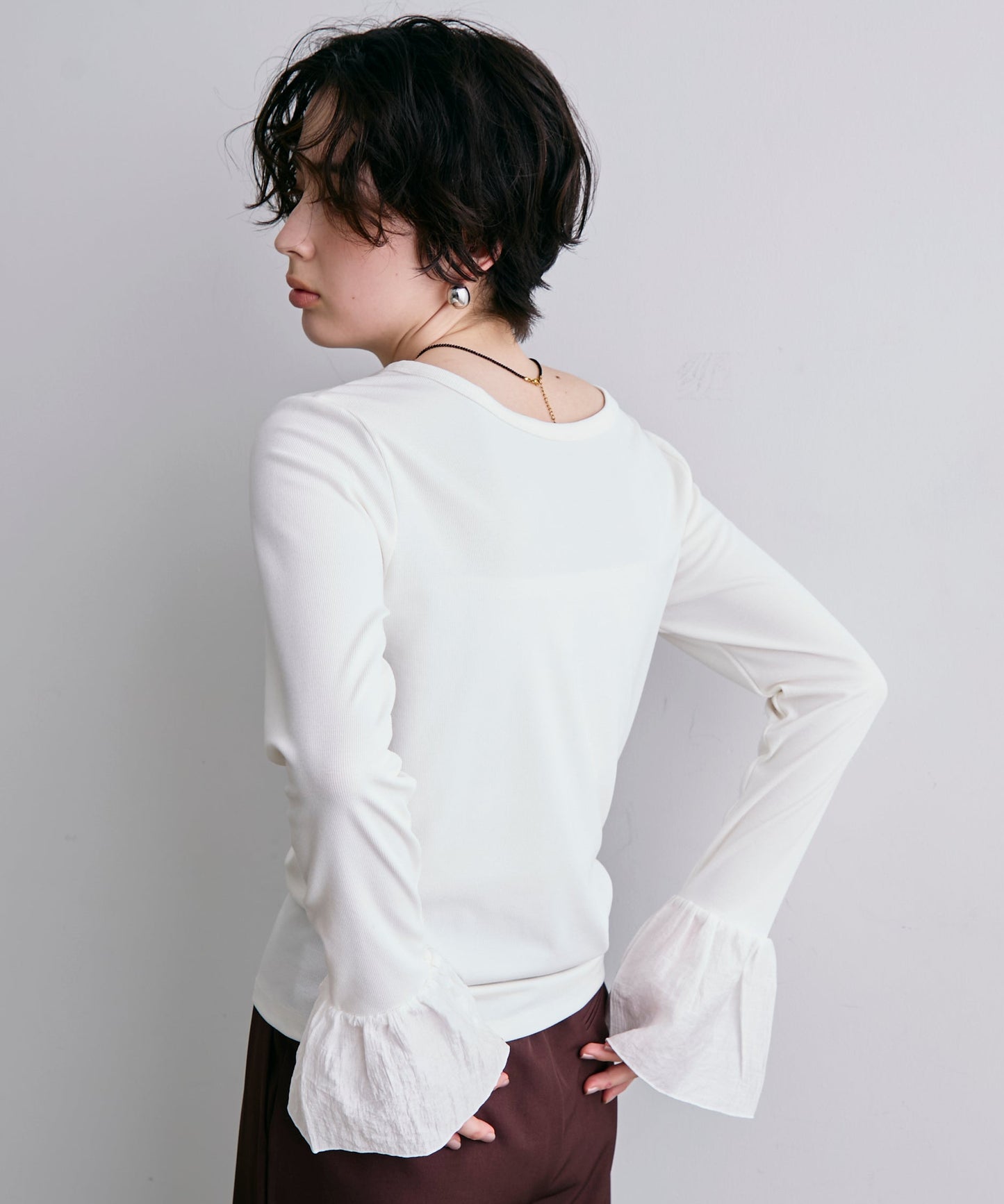 フライスリブ袖フリルヘンリーT