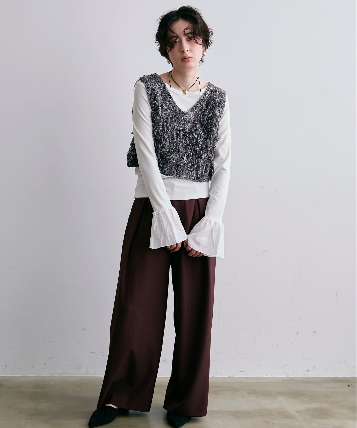 フライスリブ袖フリルヘンリーT