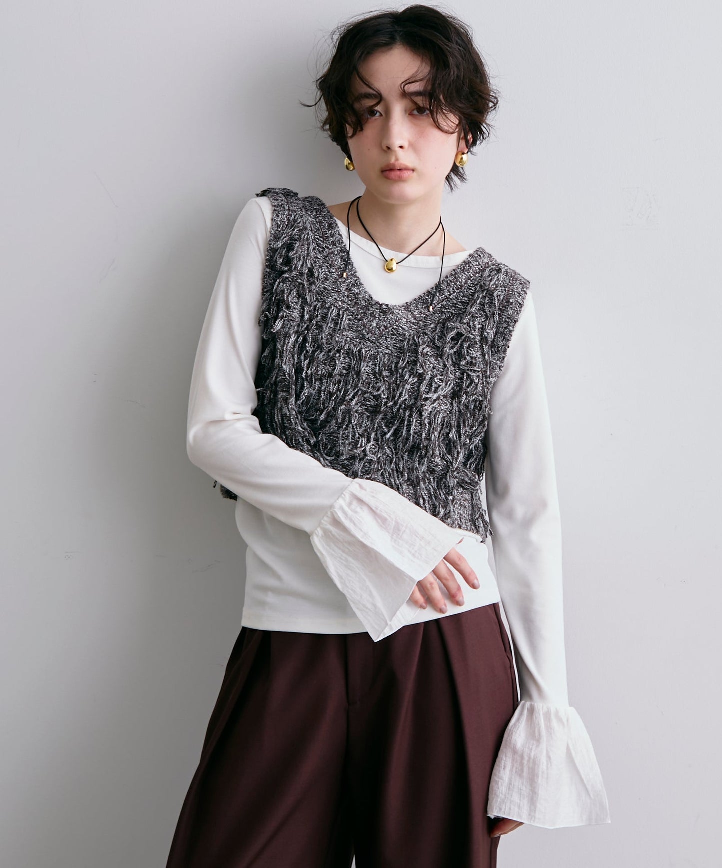 フライスリブ袖フリルヘンリーT