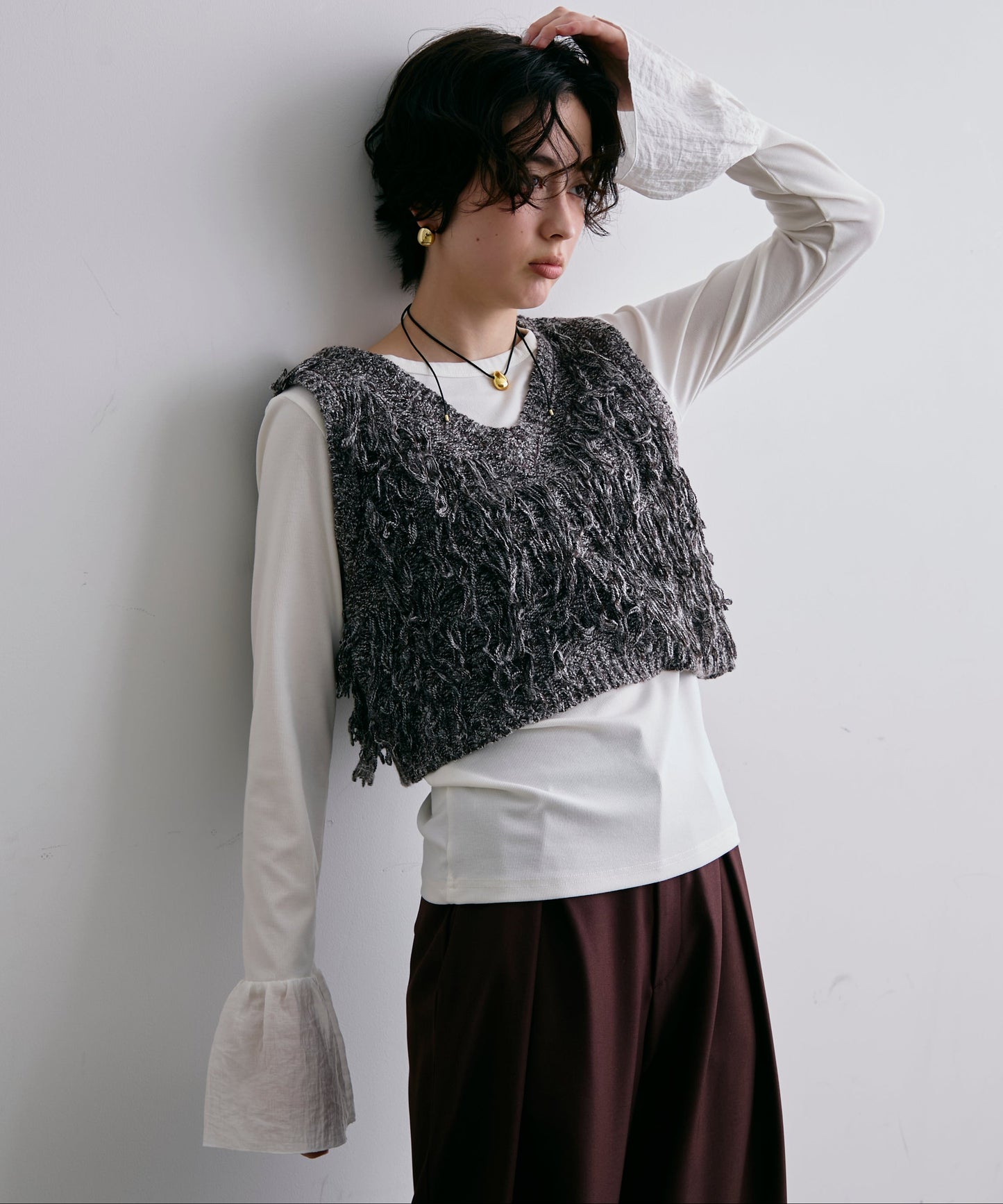 フライスリブ袖フリルヘンリーT