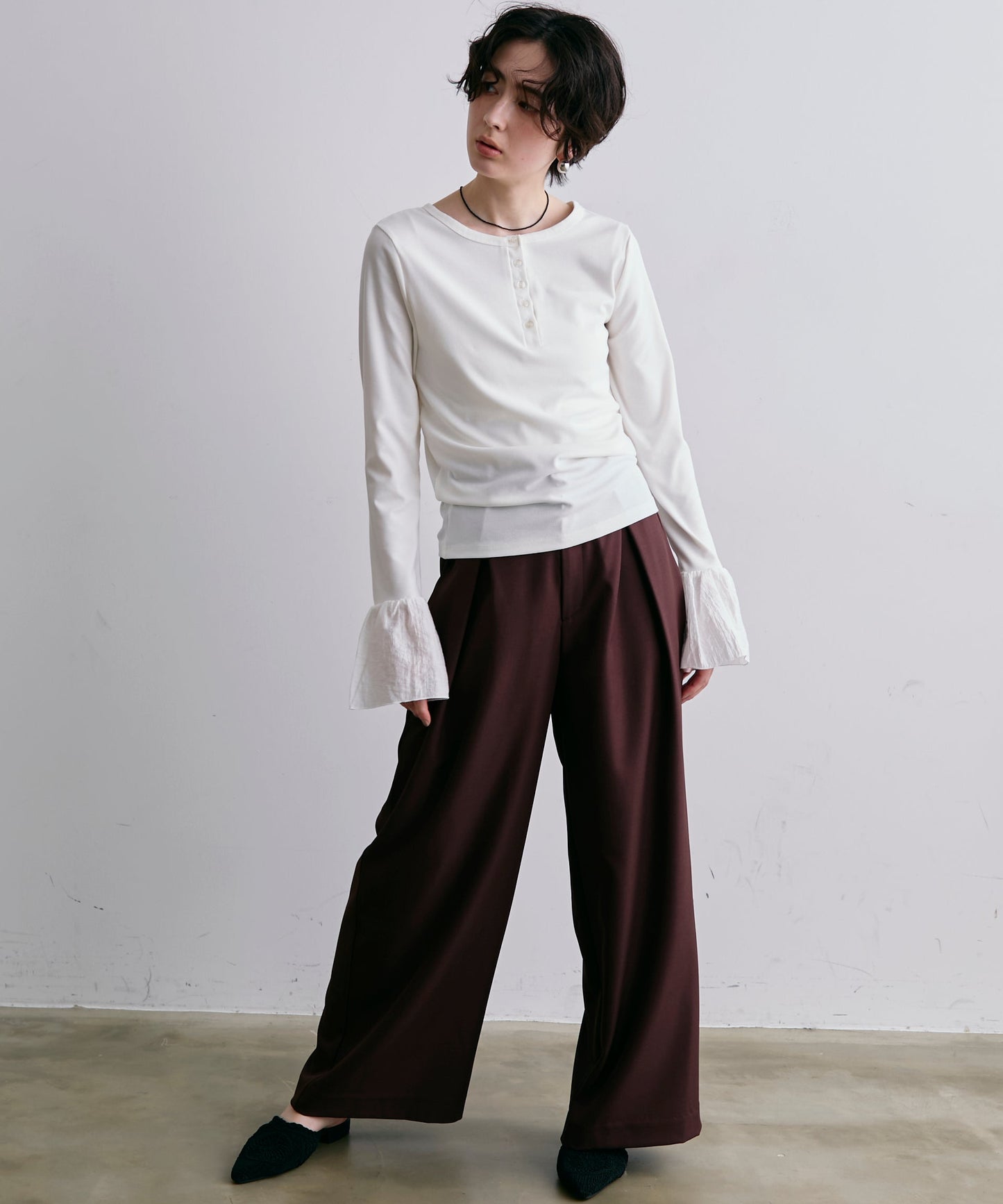 フライスリブ袖フリルヘンリーT