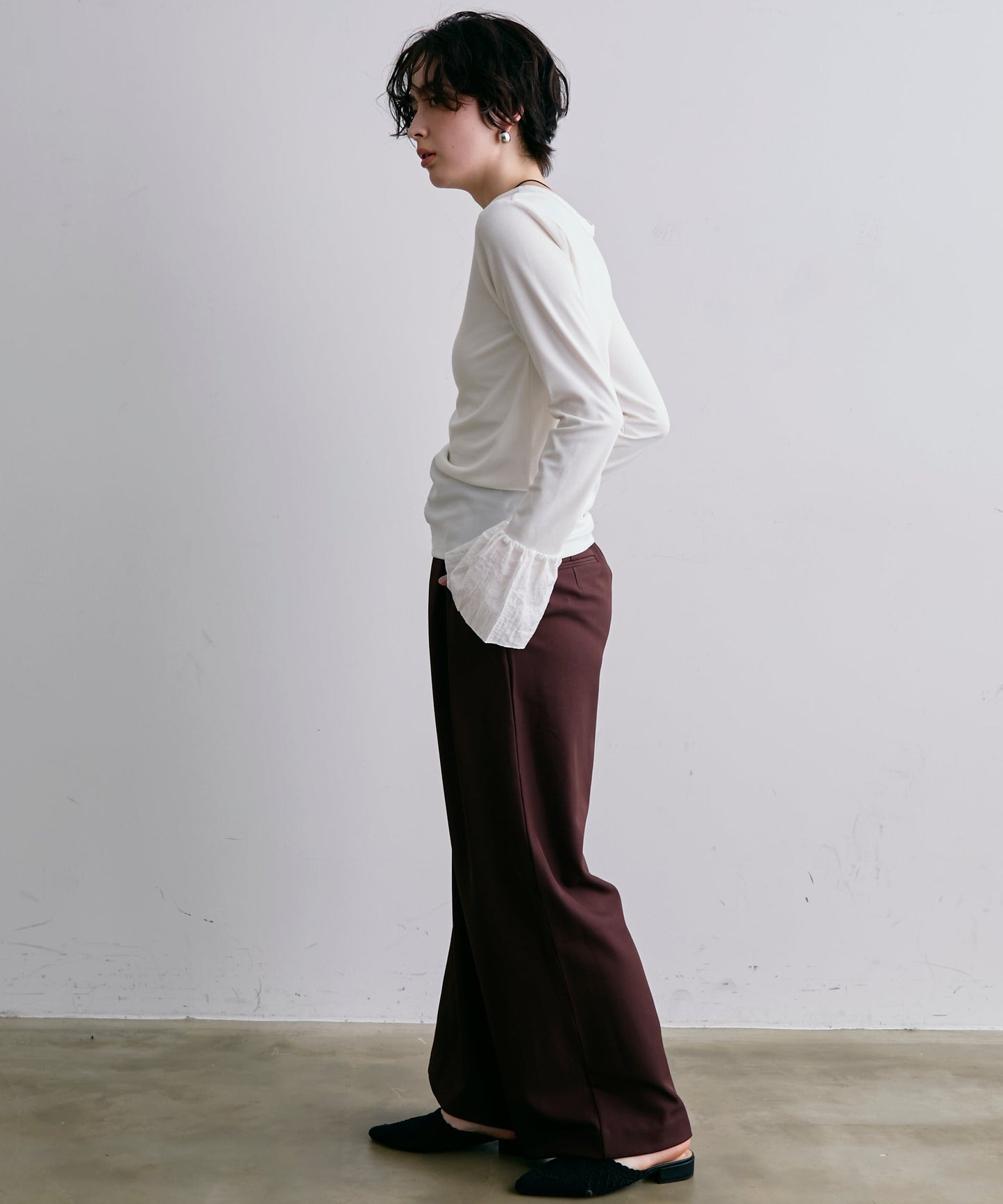 フライスリブ袖フリルヘンリーT