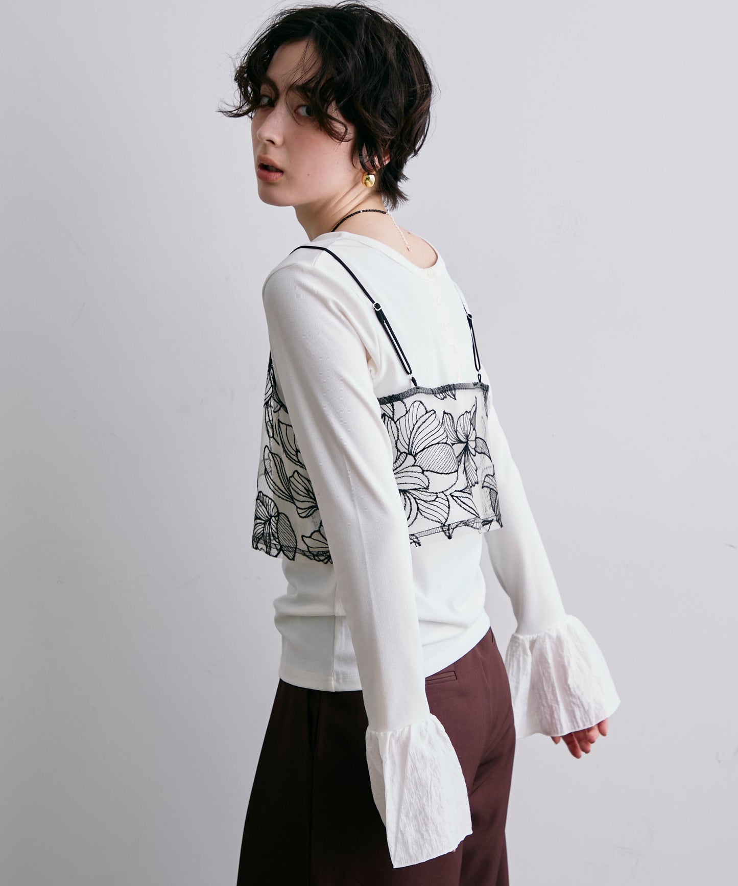 フライスリブ袖フリルヘンリーT