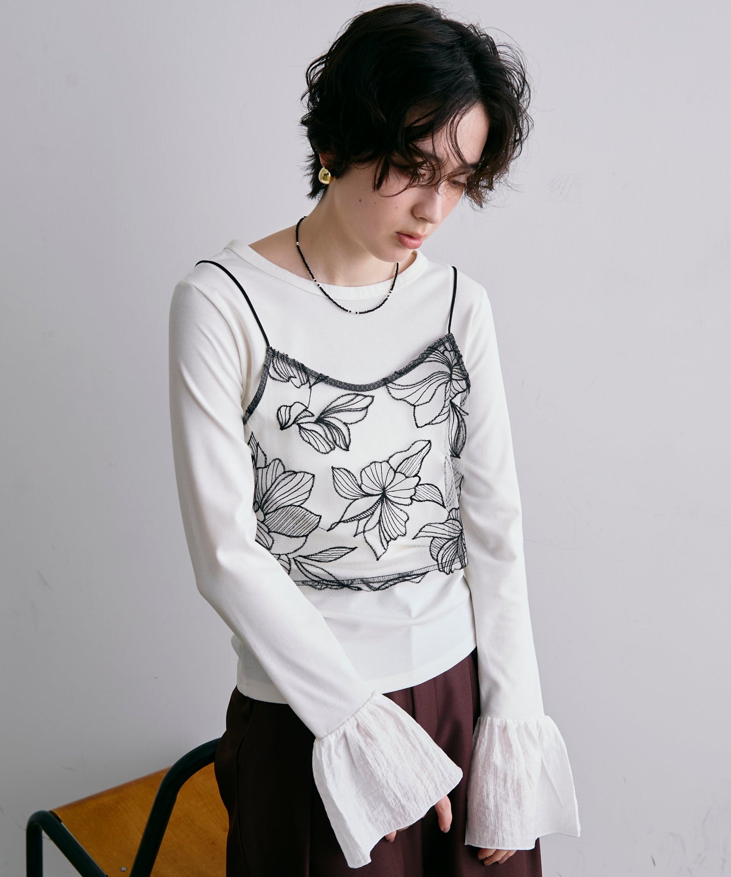 フライスリブ袖フリルヘンリーT