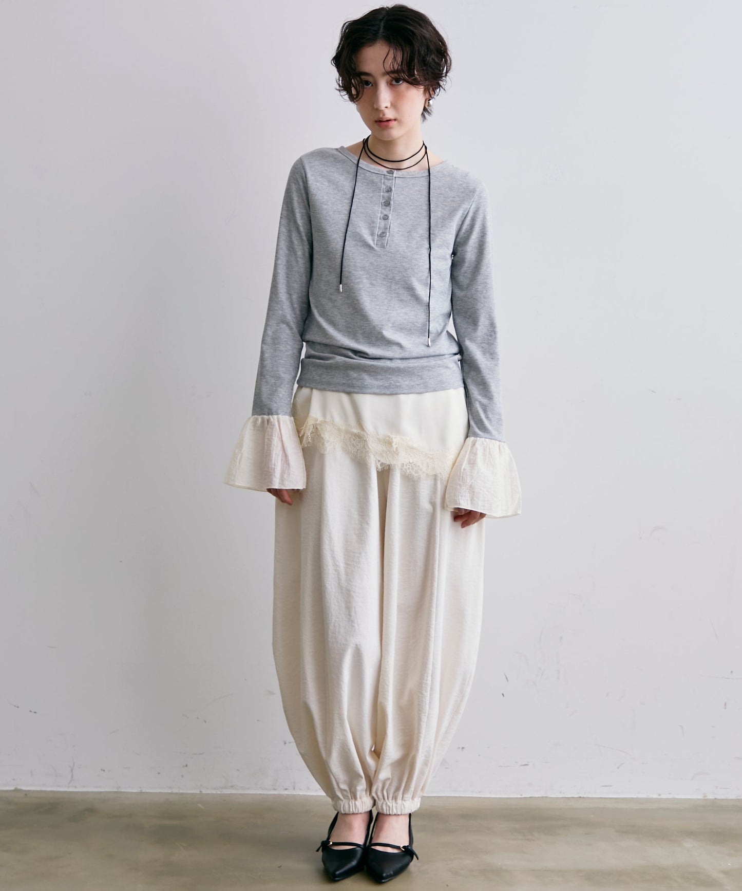 フライスリブ袖フリルヘンリーT