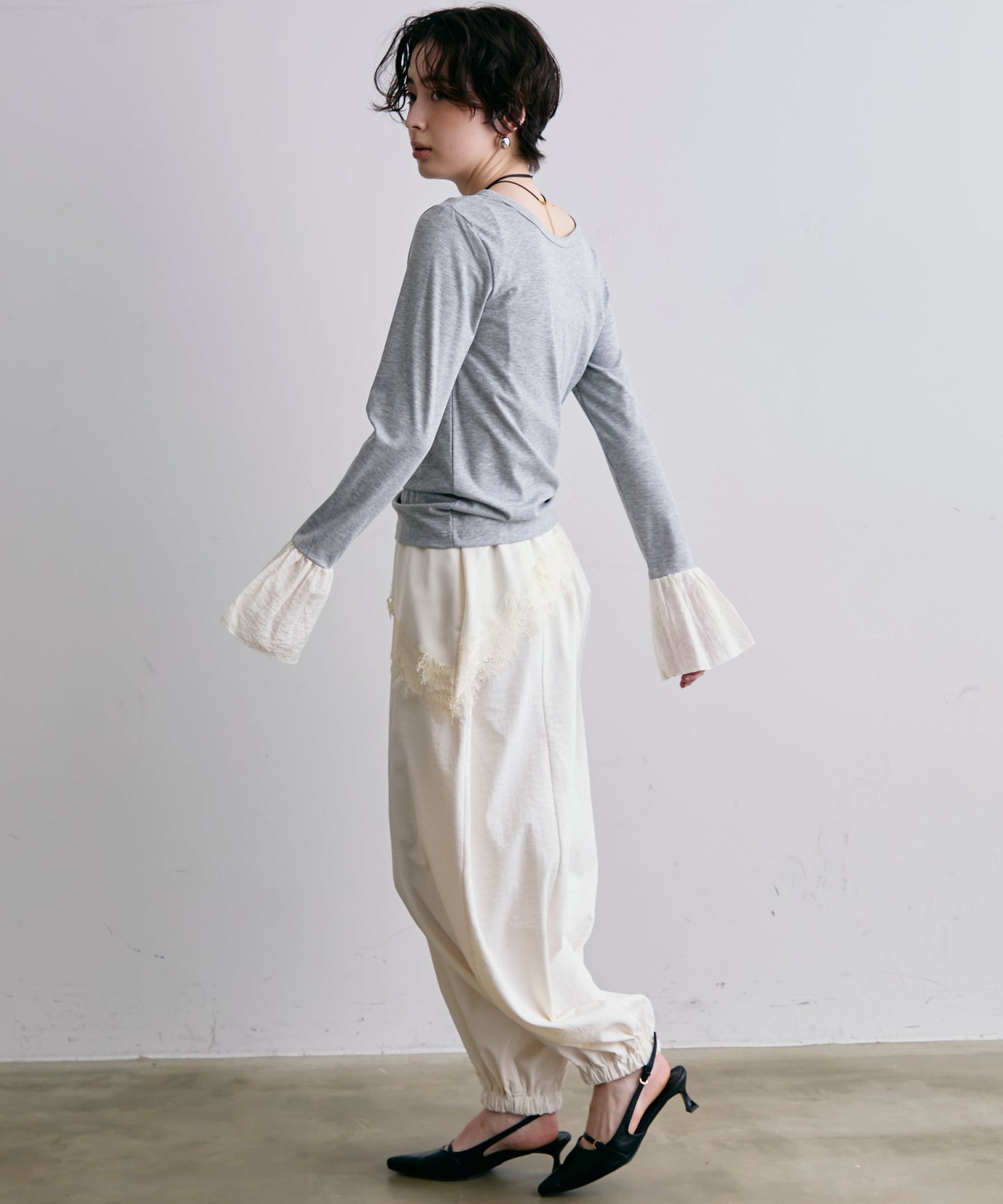 フライスリブ袖フリルヘンリーT