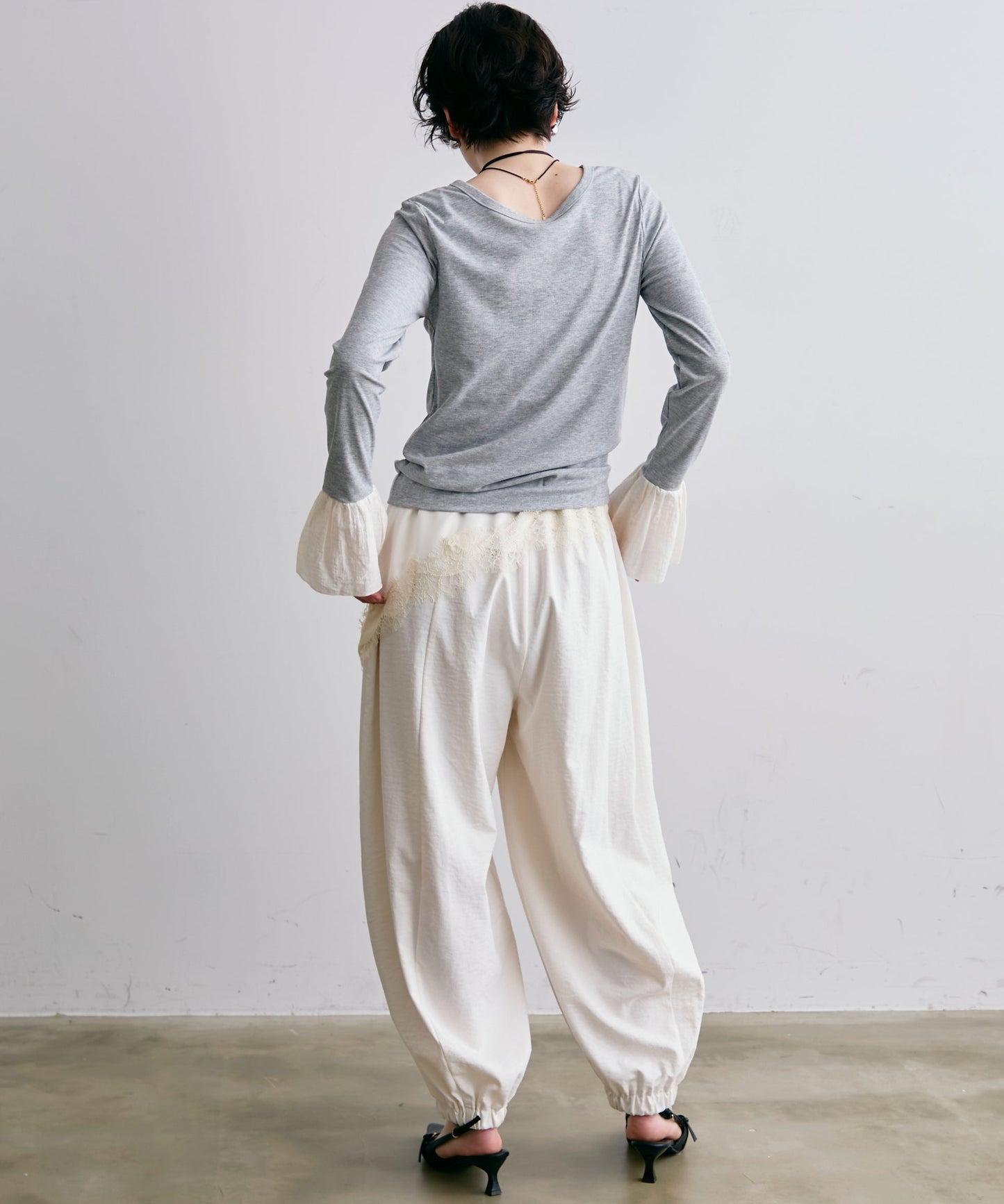 フライスリブ袖フリルヘンリーT