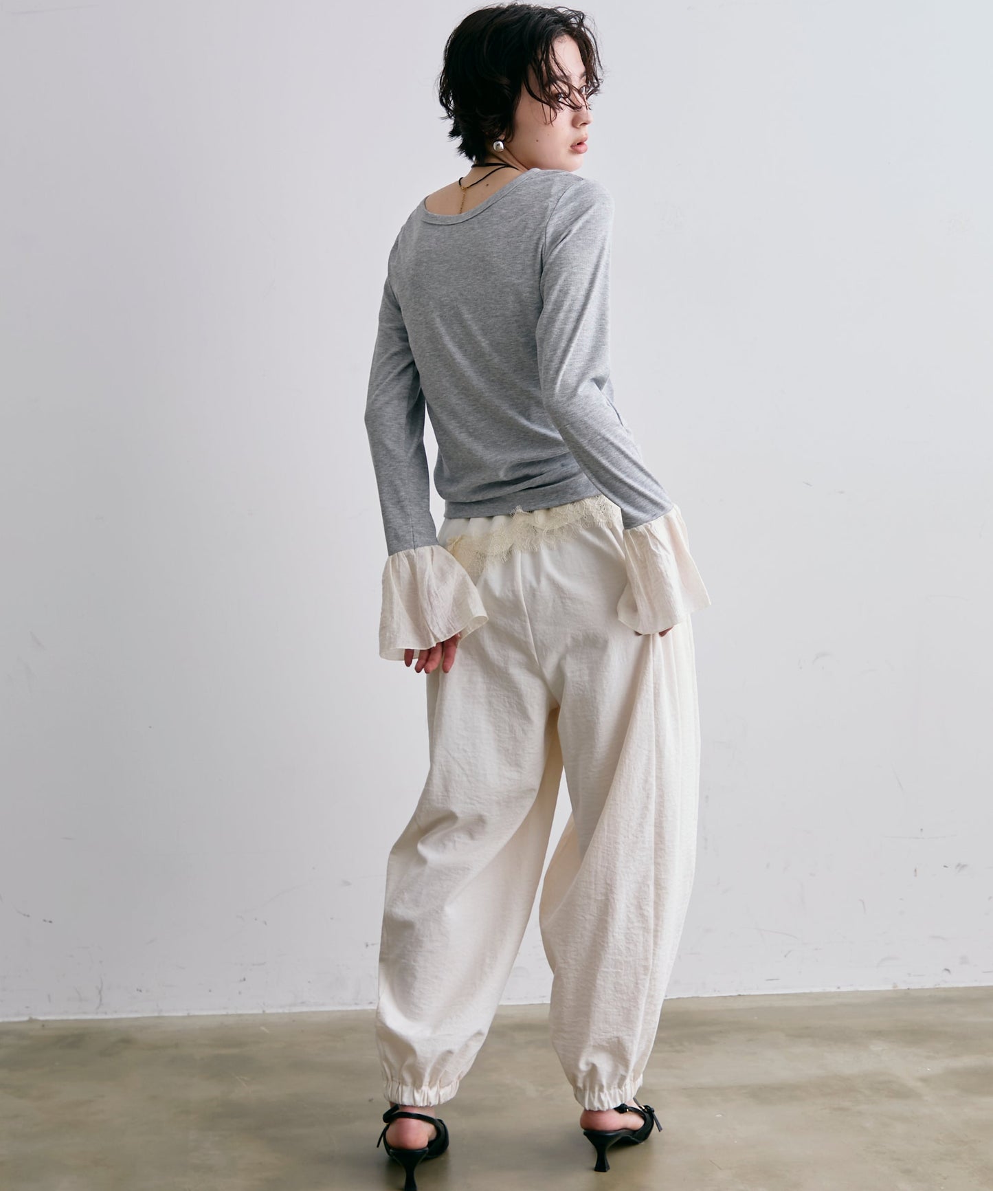 フライスリブ袖フリルヘンリーT