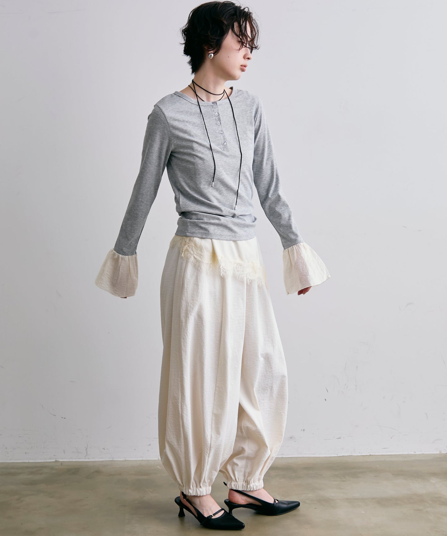 フライスリブ袖フリルヘンリーT