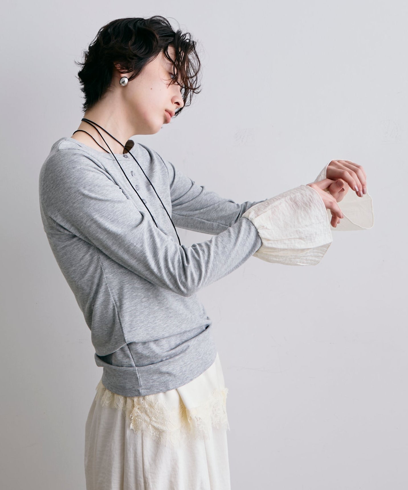 フライスリブ袖フリルヘンリーT