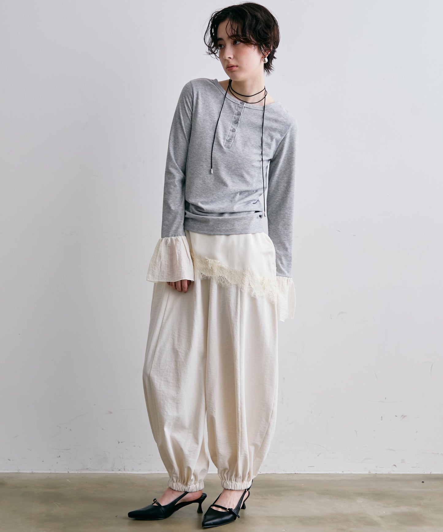 フライスリブ袖フリルヘンリーT